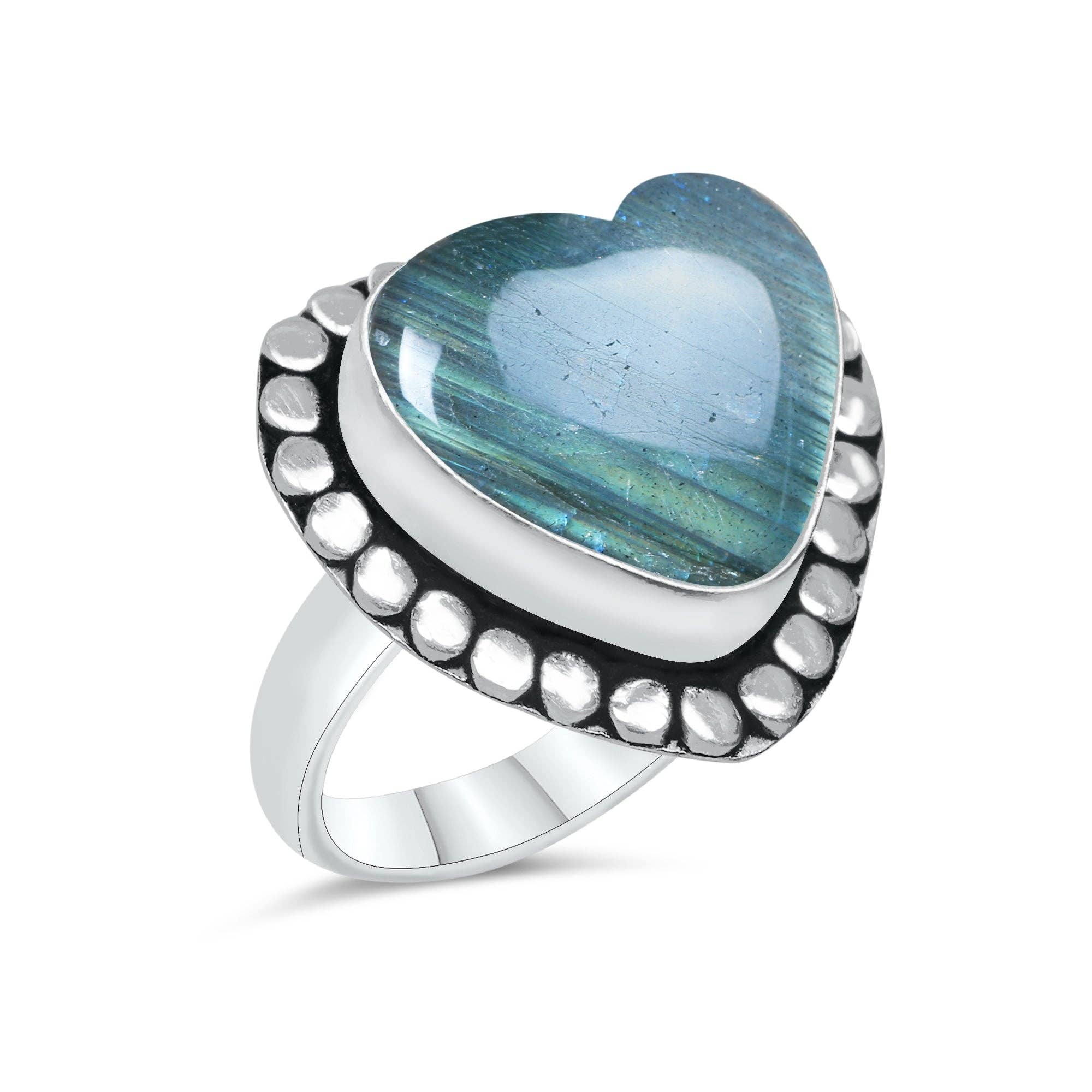 Labradorite Heart Rings – Silver-Plated, Handmade, Blue Flash (US Sizes 6–10, Non-Adjustable) | Wholesale: 10 Rings