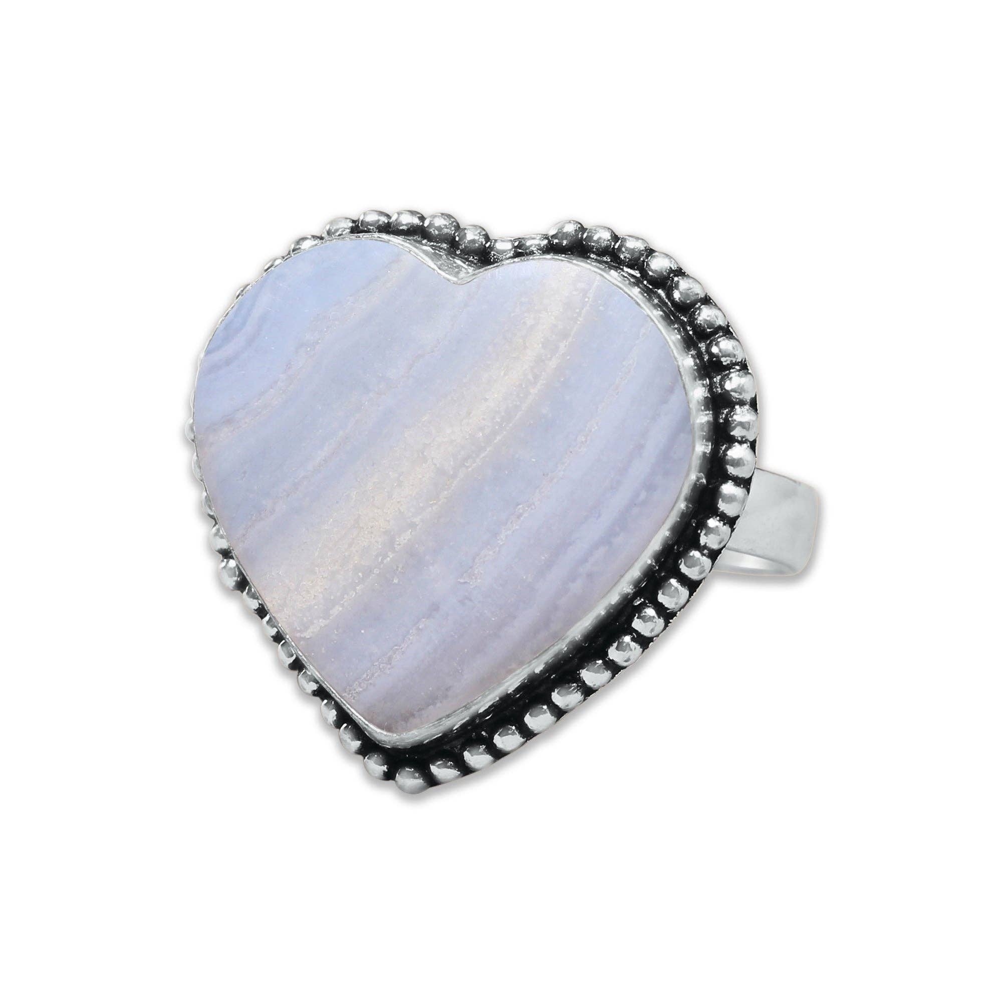 Heart Crystal Rings – Silver-Plated, Handmade, Assorted Natural Stones (US Sizes 6–10, Non-Adjustable) | Wholesale: Silver / 10 Rings