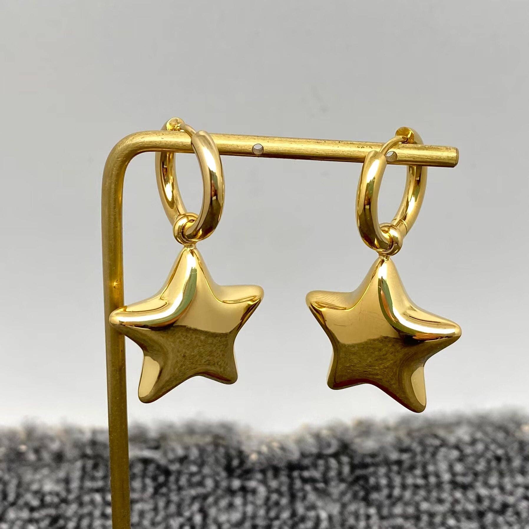 18K Gold Plated SS Glossy Star Charm Huggie Earrings -FGS/MS: Steel color