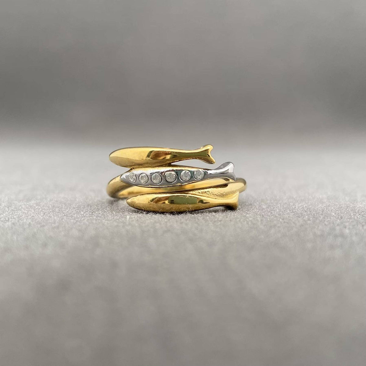 Zircon Inlaid Fish Two-tone 18K Gold Plated S.Steel Ring - FGS: 8