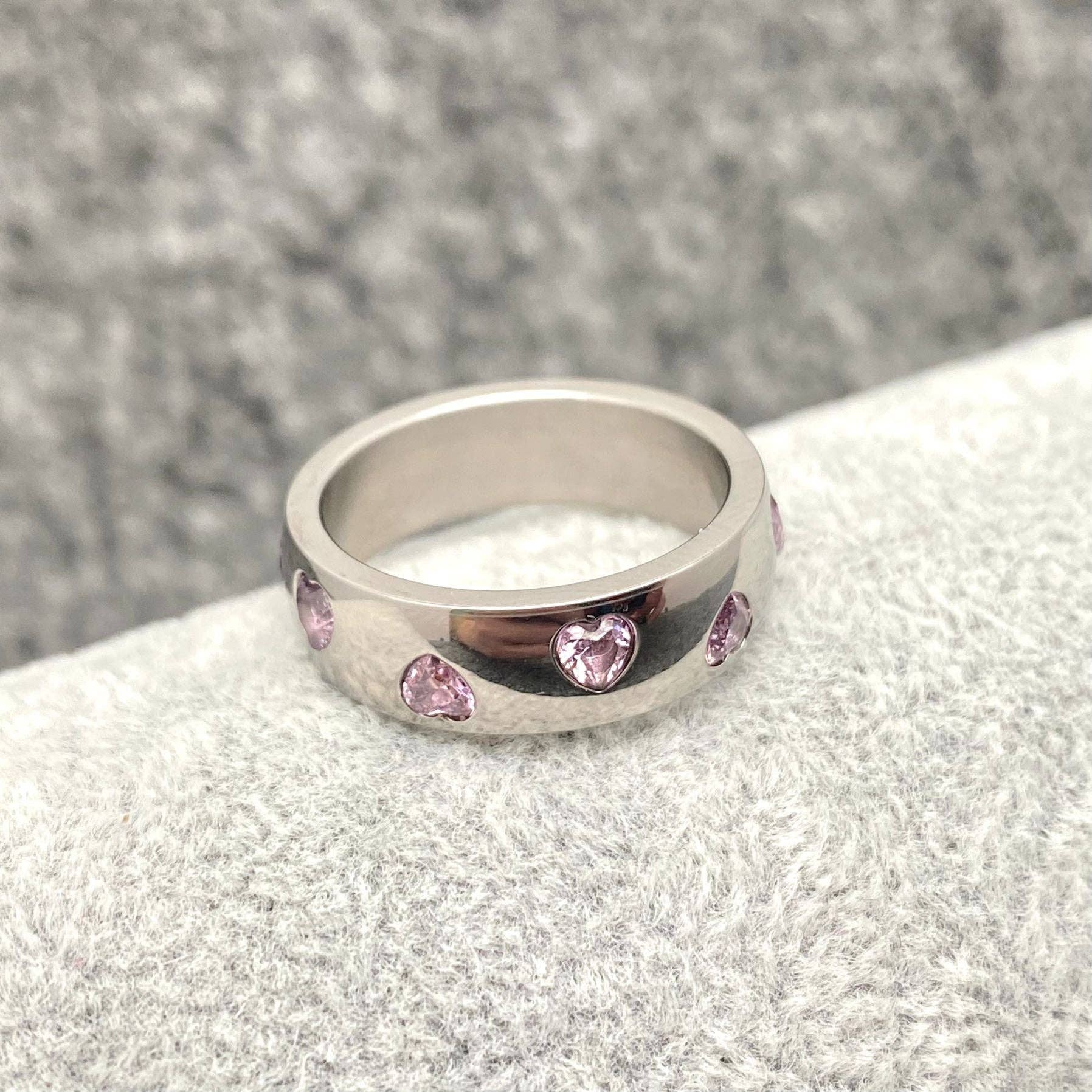 Pink Heart-shaped Cubic Zirconia Stainless Steel Ring: 9