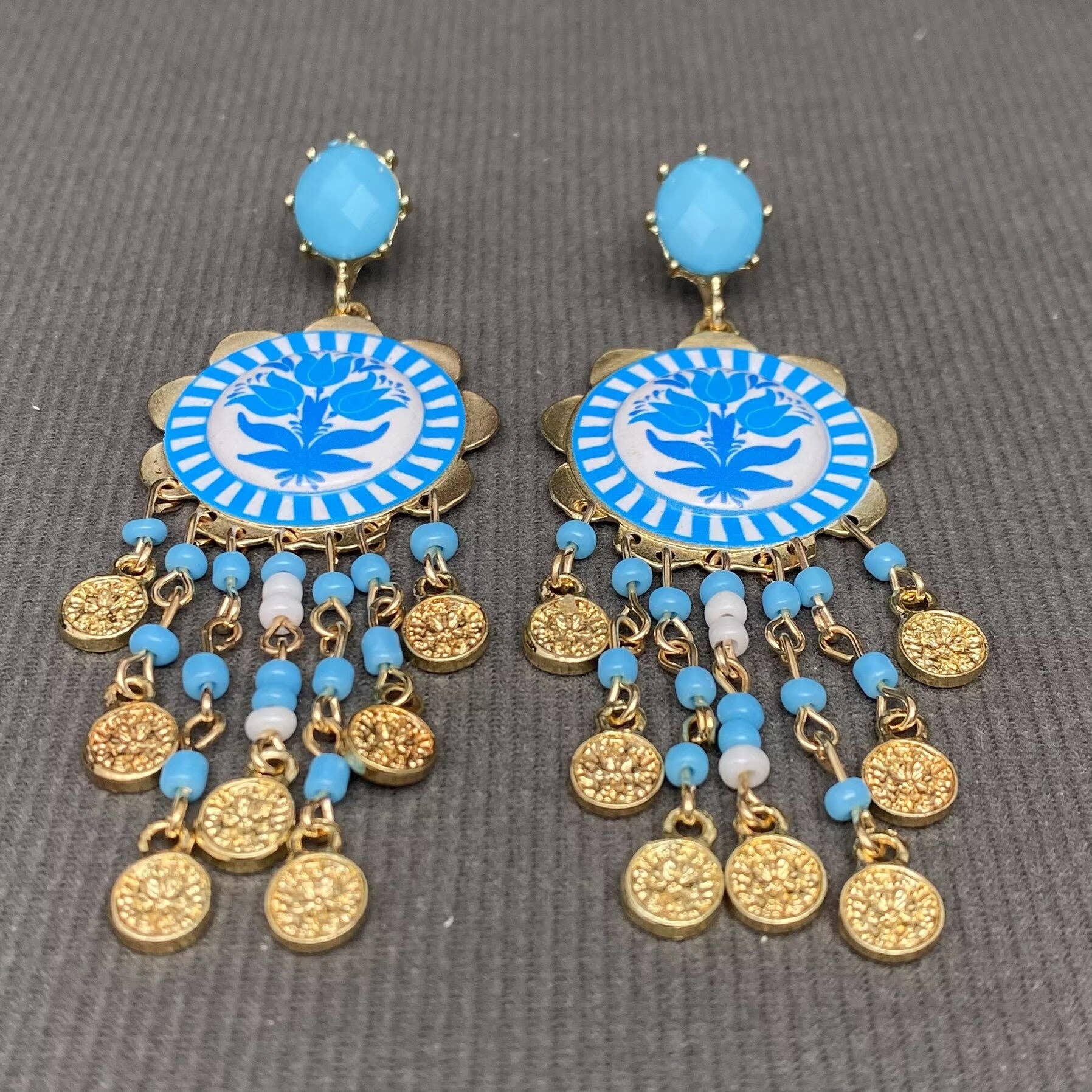 Enamel Tulip Flower Coin Tassel Dangle Earrings: Red