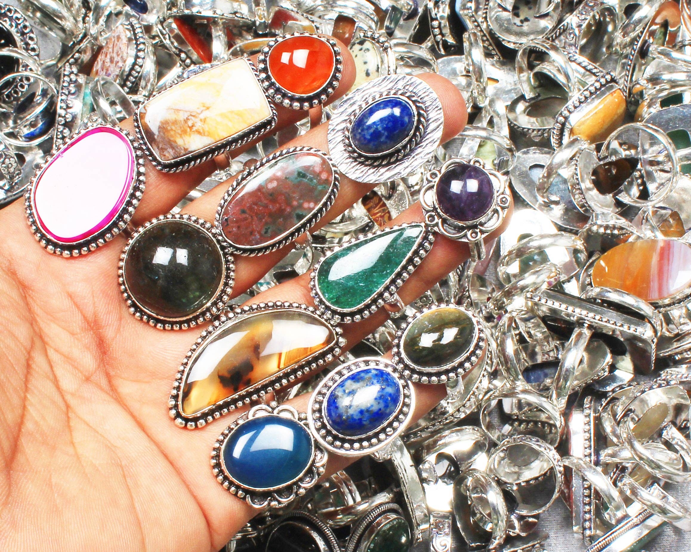 Bohemian Crystal Rings Set - Silver Plated, Mixed Sizes, Assorted Designs: Gold / 10 Rings