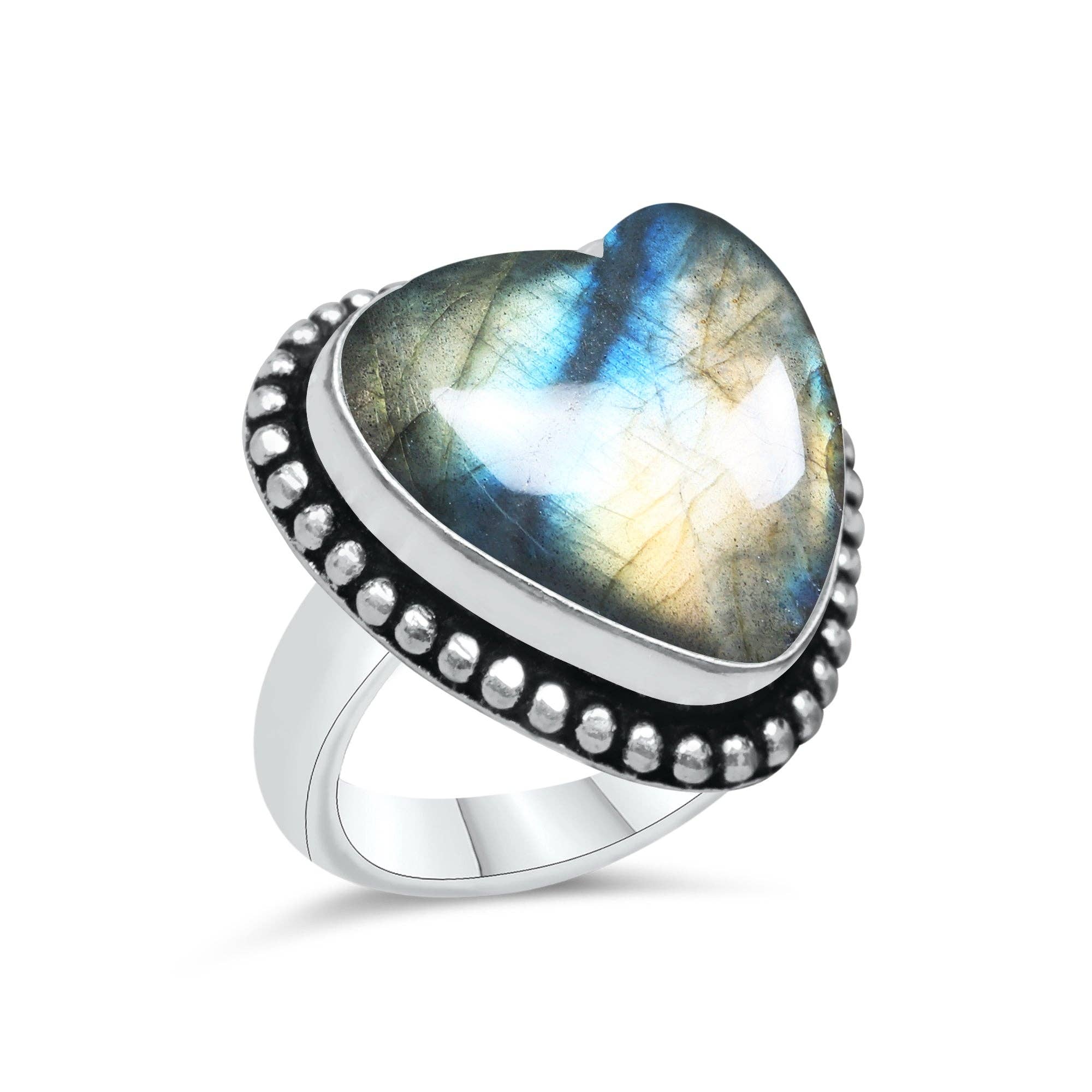 Labradorite Heart Rings – Silver-Plated, Handmade, Blue Flash (US Sizes 6–10, Non-Adjustable) | Wholesale: 10 Rings