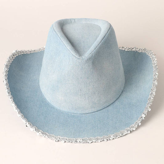 Fashion City - Denim Cowboy Hat with Sequins in the Edge: Blue / ONE SIZE