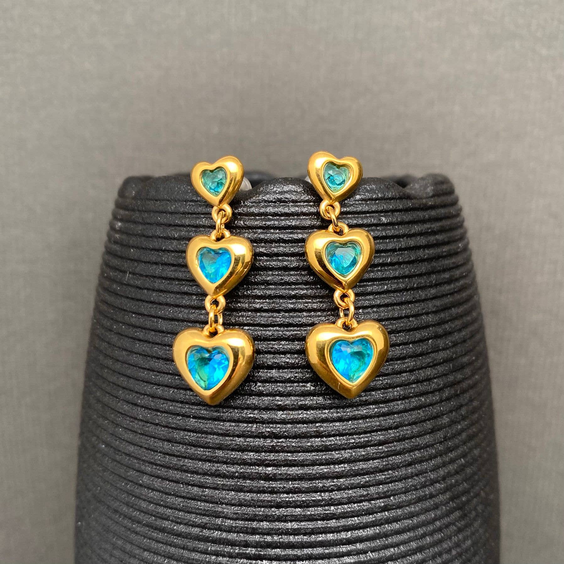 Zircon Inlaid Heart 18K Gold Plated S.Steel Earrings - FGS: Blue