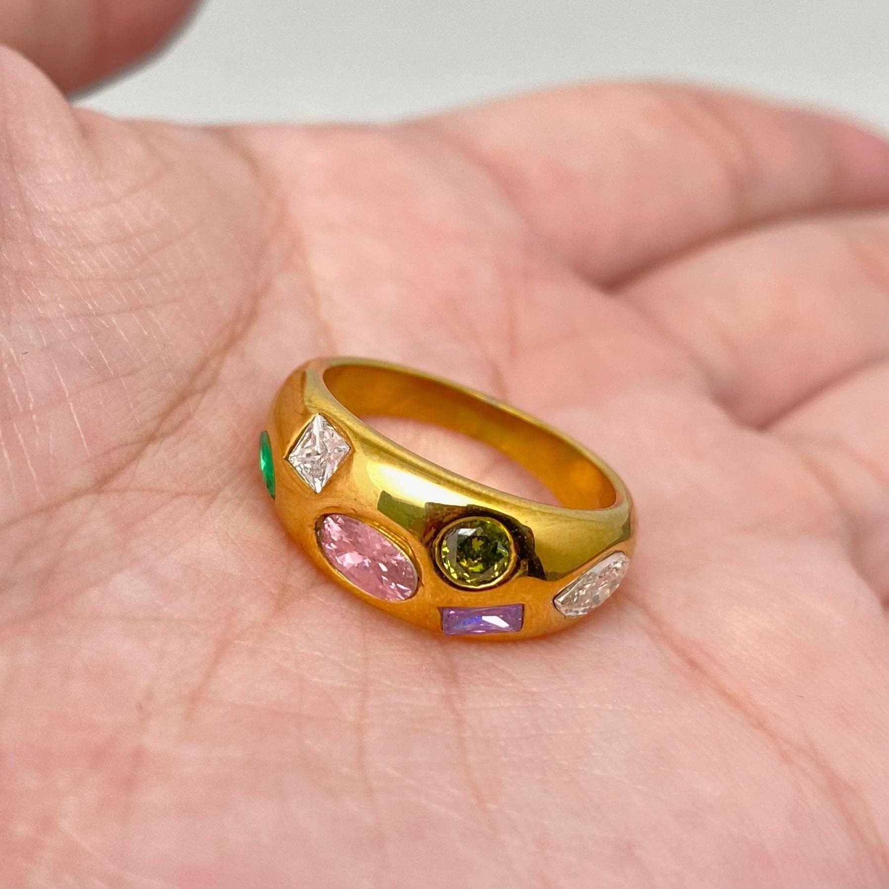 Colorful Zircon 18K Gold Plated Stainless Steel Ring - FGS