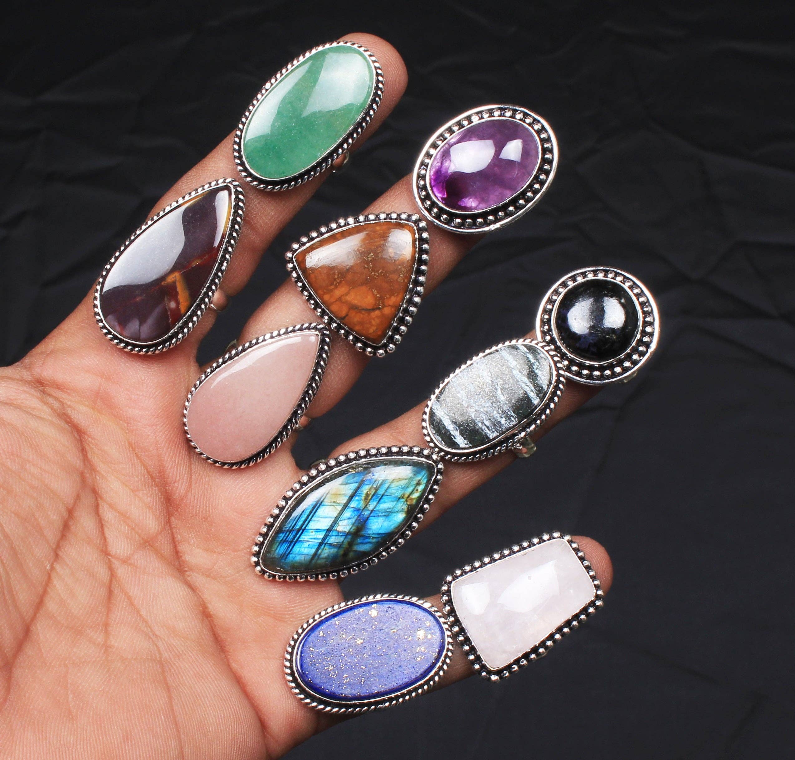 Bohemian Crystal Rings Set - Silver Plated, Mixed Sizes, Assorted Designs: Gold / 10 Rings