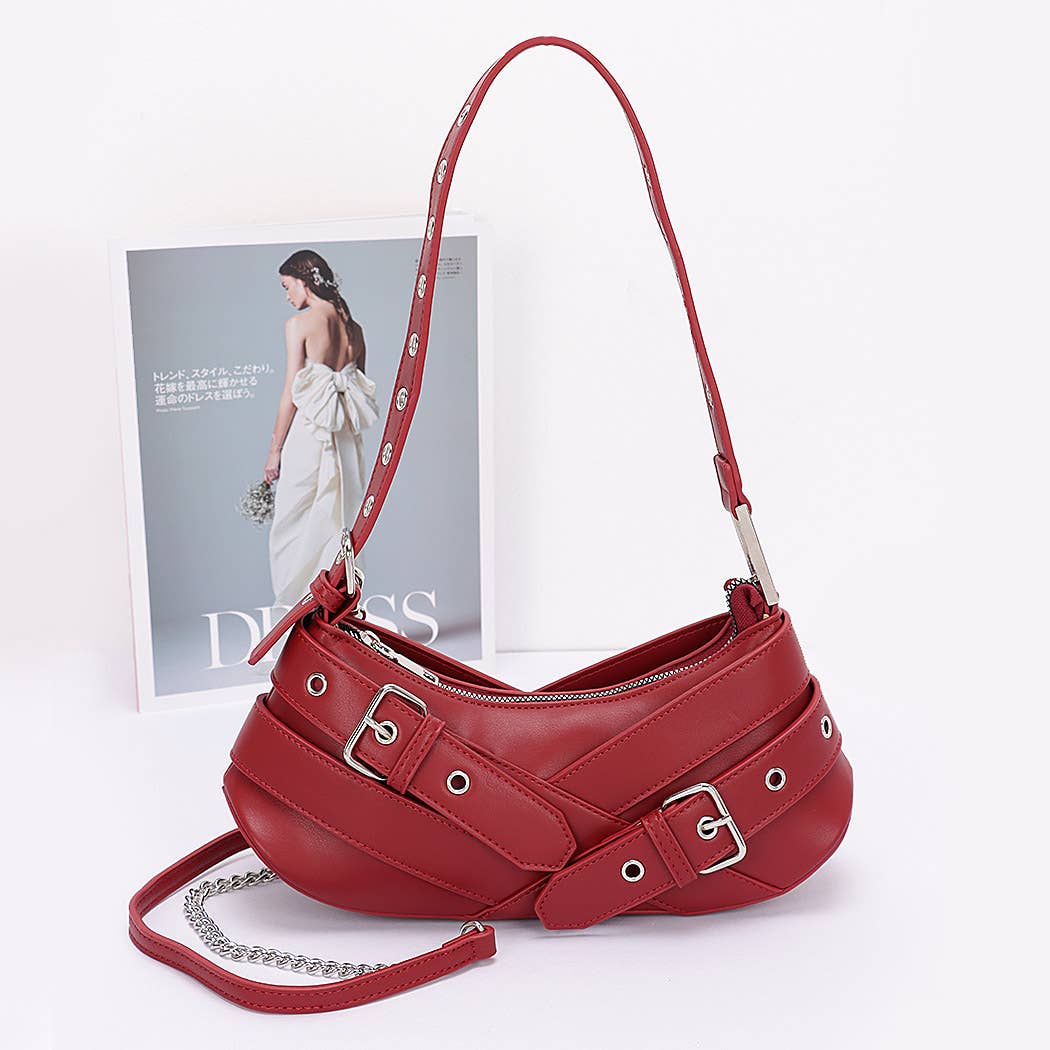 Faux Leather Burg Multi Buckles Shoulder Bag