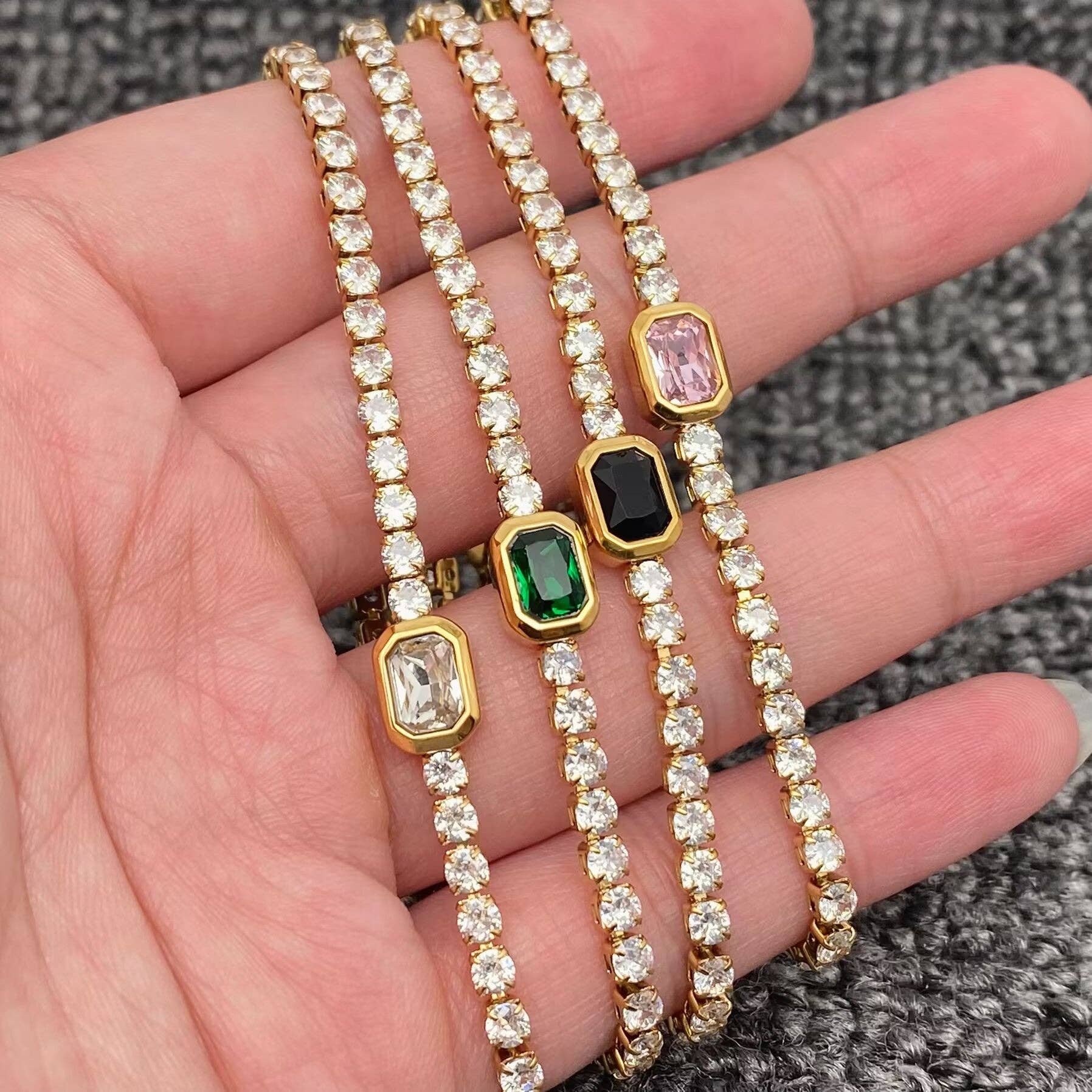 Full Zircon 3mm 18K Gold Plated Stainless Steel Bracelet-FGS: Green