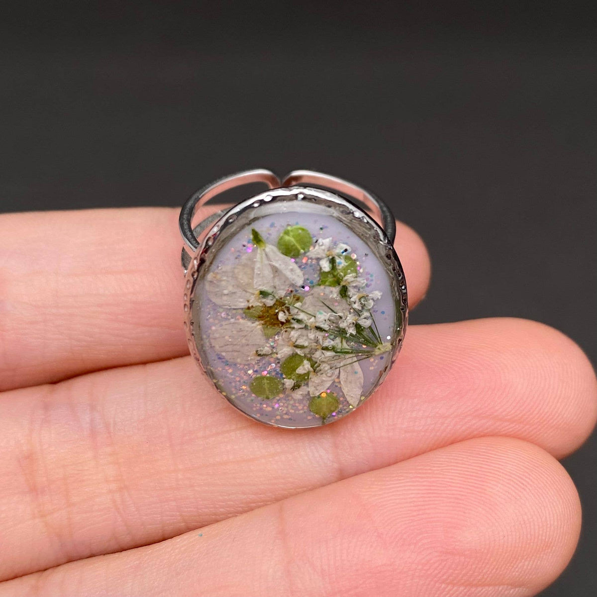 Dried Flowers Floral Oval 18K Golden SS Adjustable Ring -PDF: F