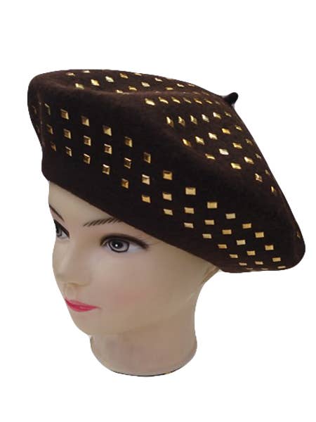 Brown Beret with Square Golden Studs