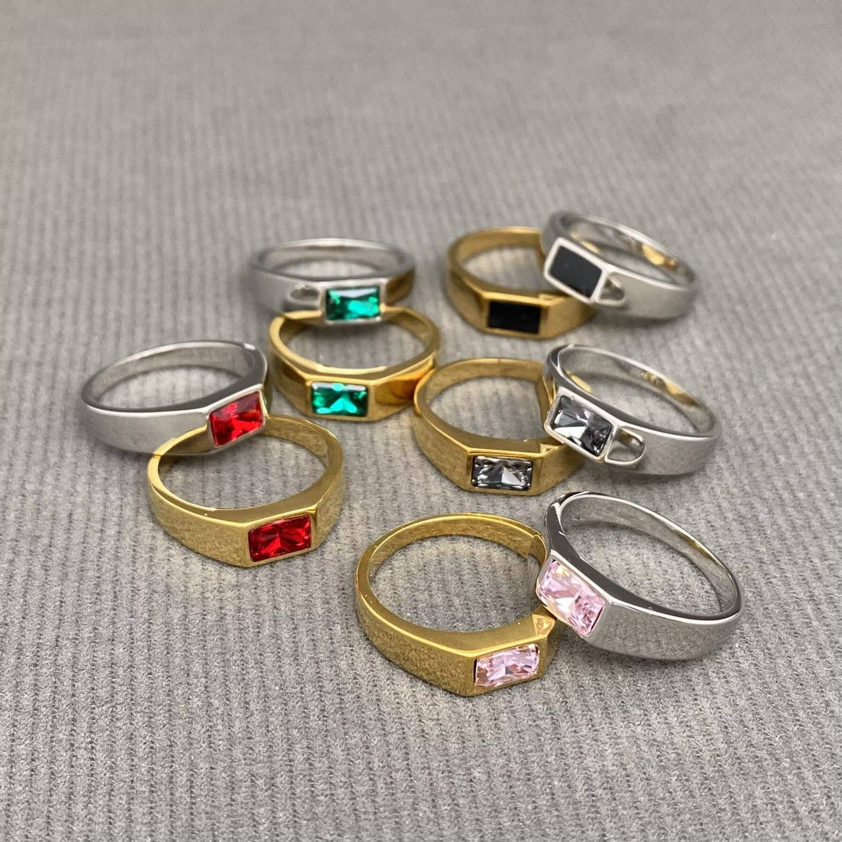 Square Zircon Inlaid 18K Gold Plated Stainless Steel Ring - FGS: Steel Color+Pink / 10