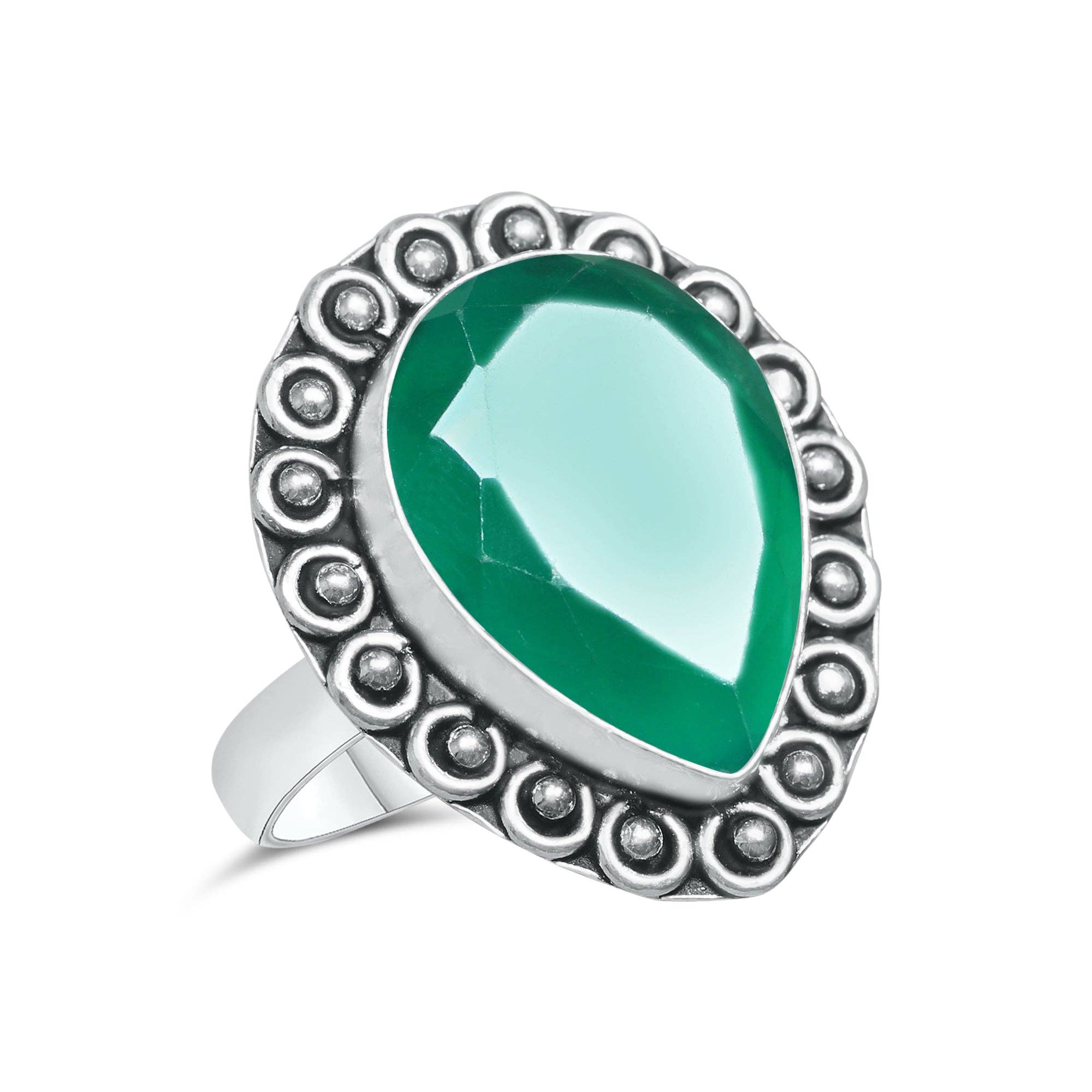 Green Onyx Faceted Rings – Silver-Plated, Handmade, Emerald Green Statement | Wholesale: 10 Rings