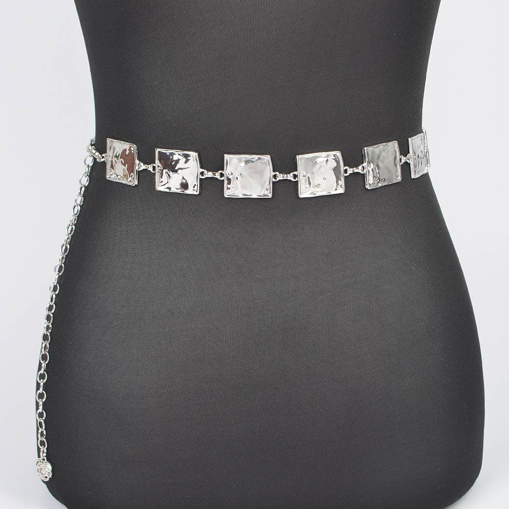 Hammered Square Metal Plus Size Chain Belt Silver