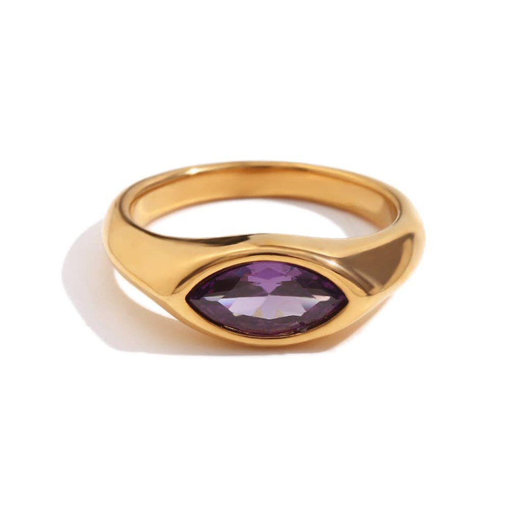 FGS - Horse Eye Zircon 18K Gold Plated Stainless Steel Ring: Purple / 8
