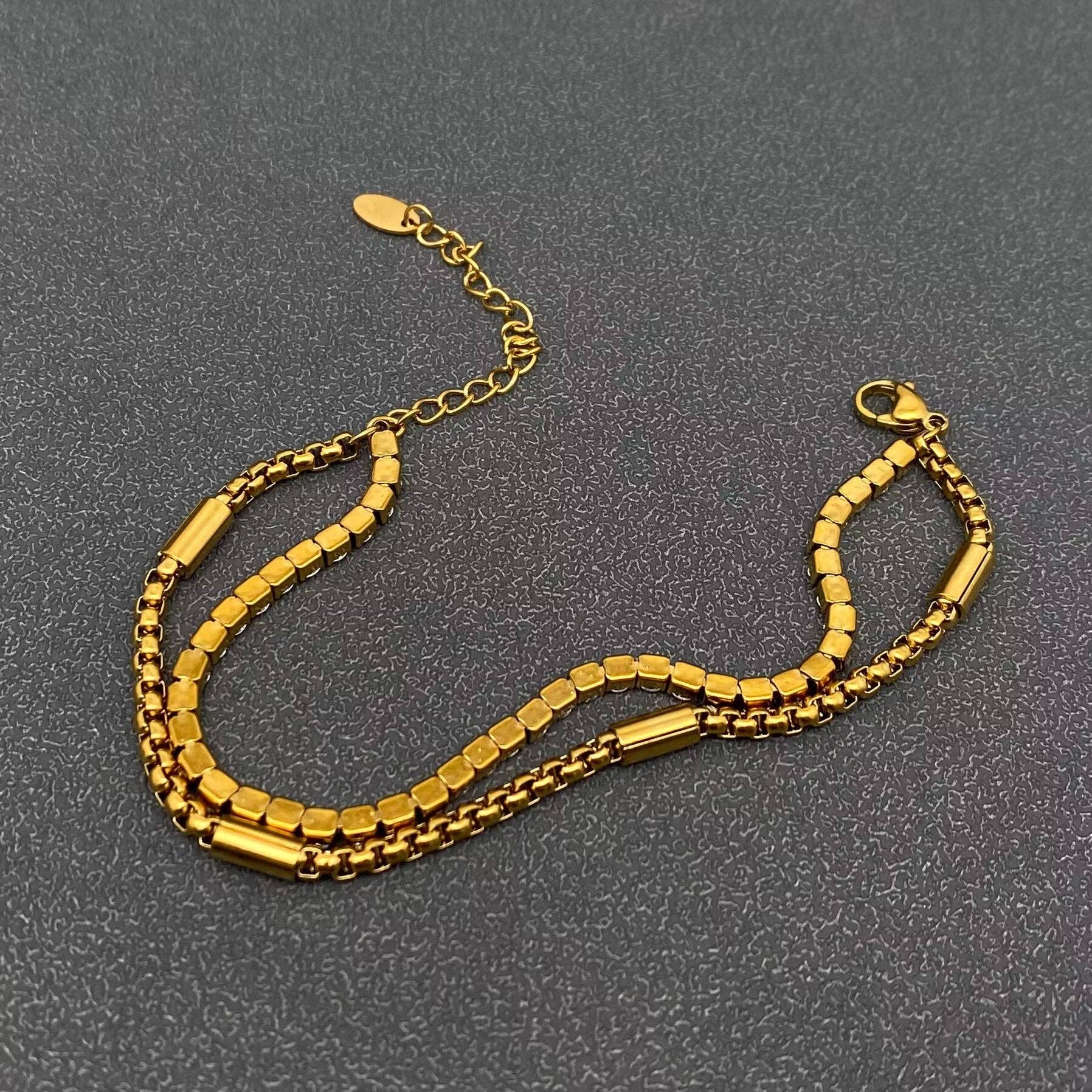 Inlaid CZ Chain 18K Gold-plated SS Double-layer Bracelet - FGS