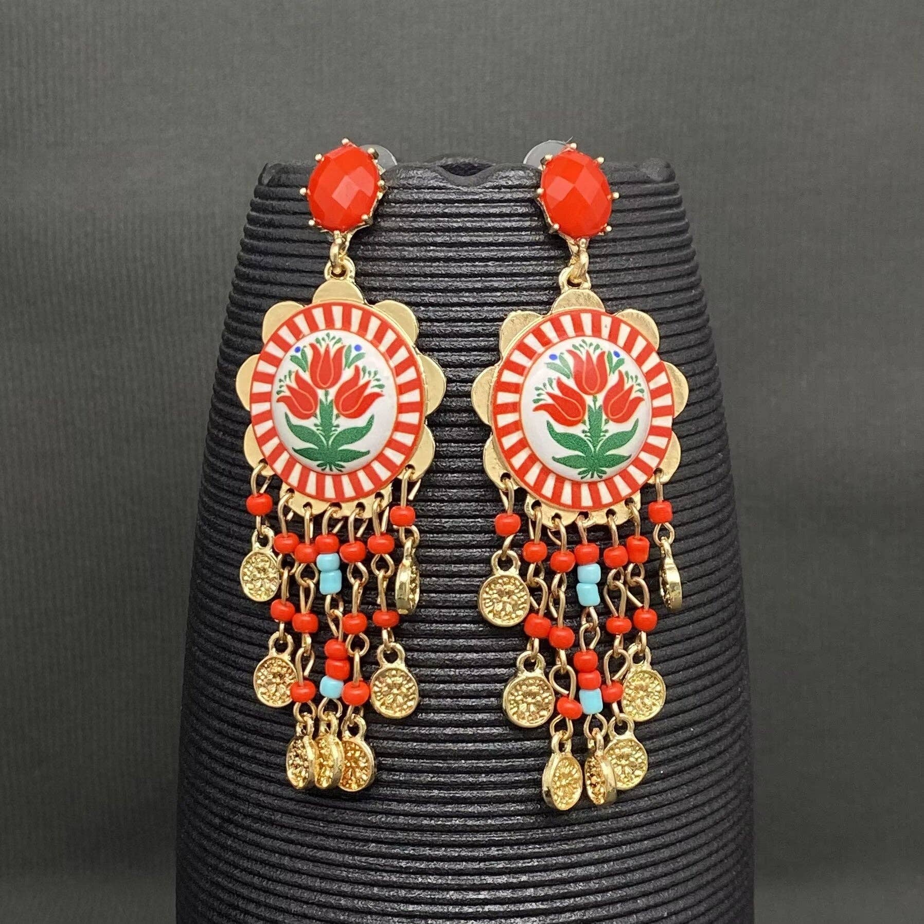 Enamel Tulip Flower Coin Tassel Dangle Earrings: Red