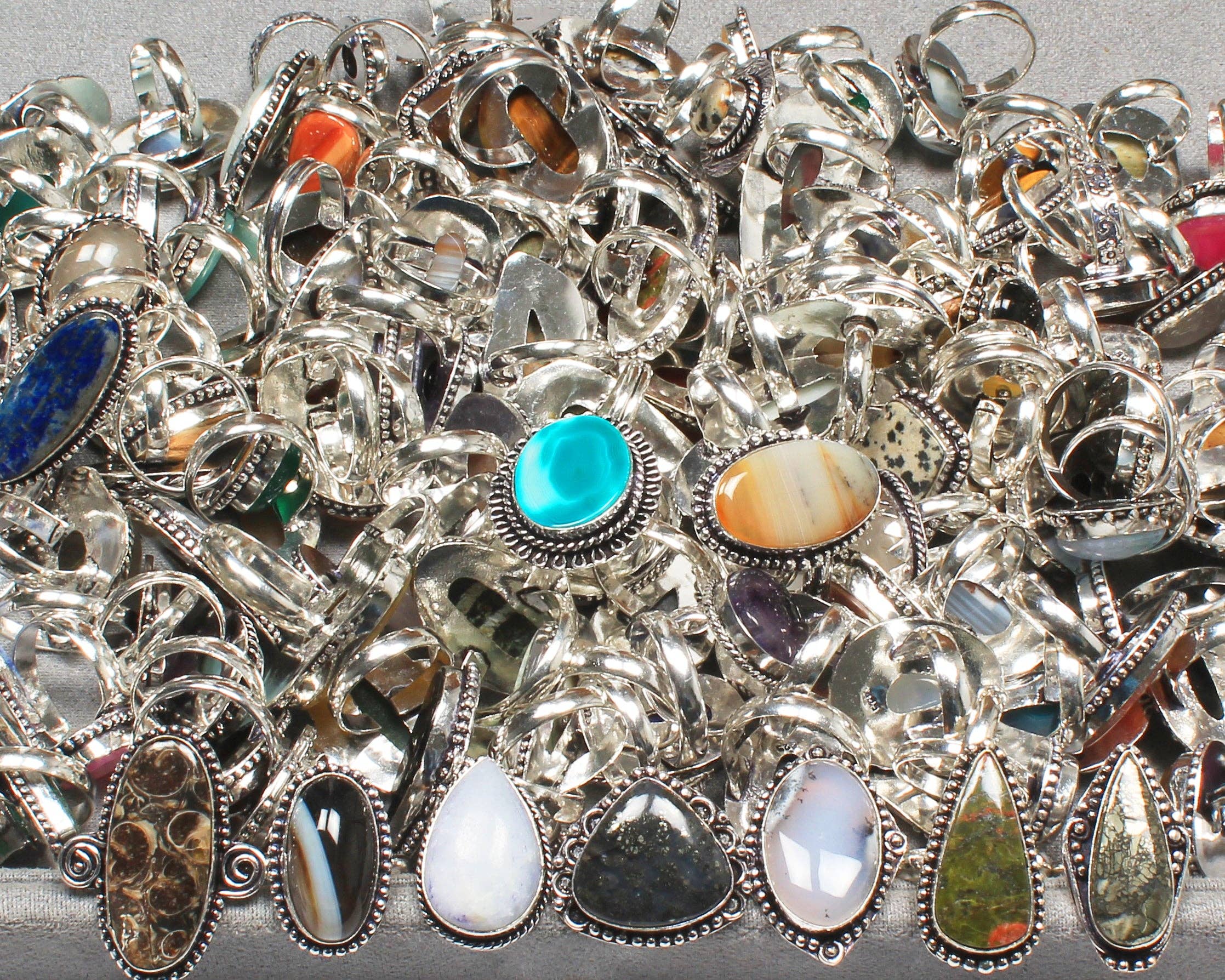 Bohemian Crystal Rings Set - Silver Plated, Mixed Sizes, Assorted Designs: Gold / 10 Rings