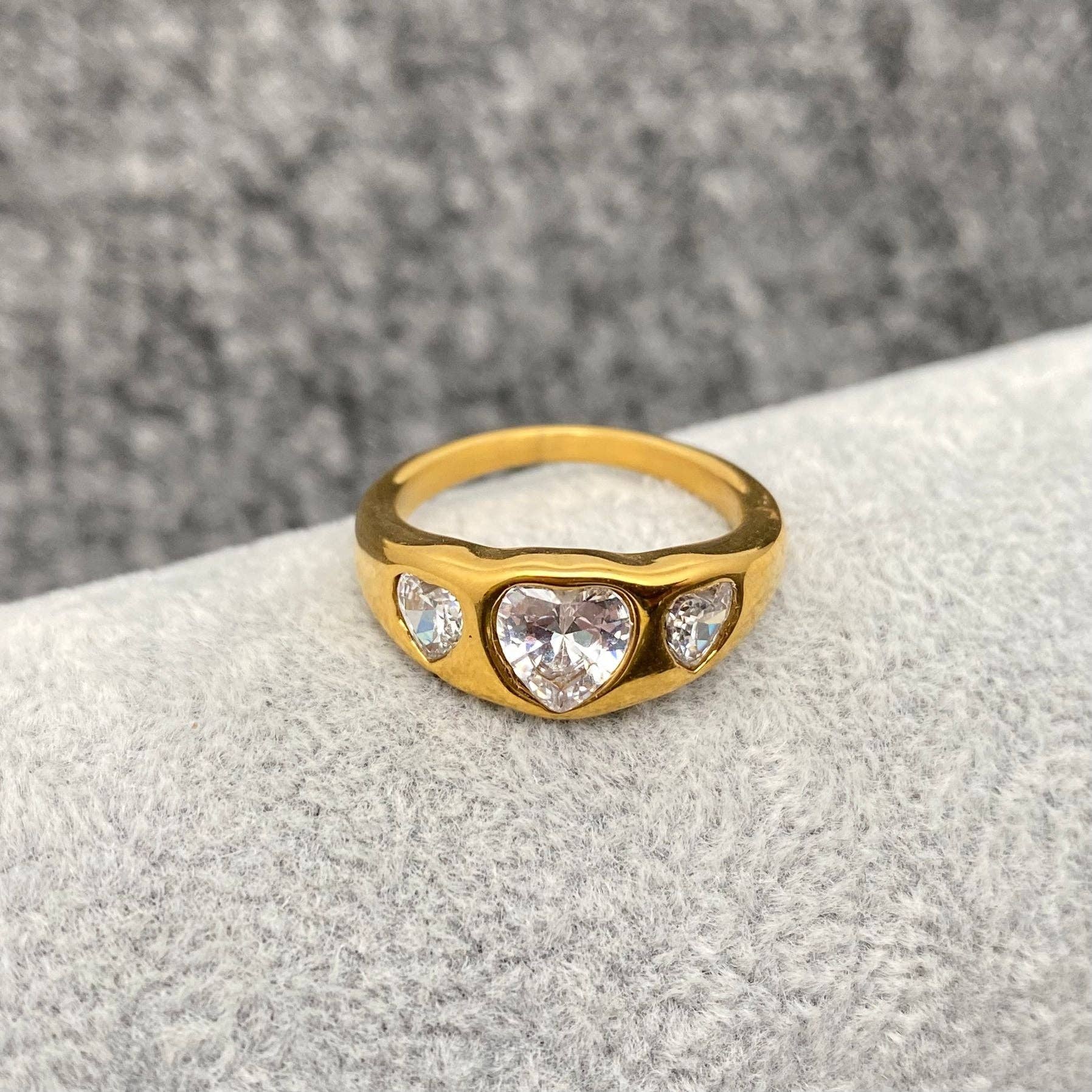 Triple Heart Zircon 18K Gold Plated Stainless Steel Ring-FGS: Golden / 9
