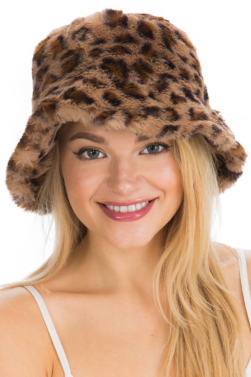 Cap Zone - Leopard Print Fuzzy Faux Fur Fluffy Bucket Hat