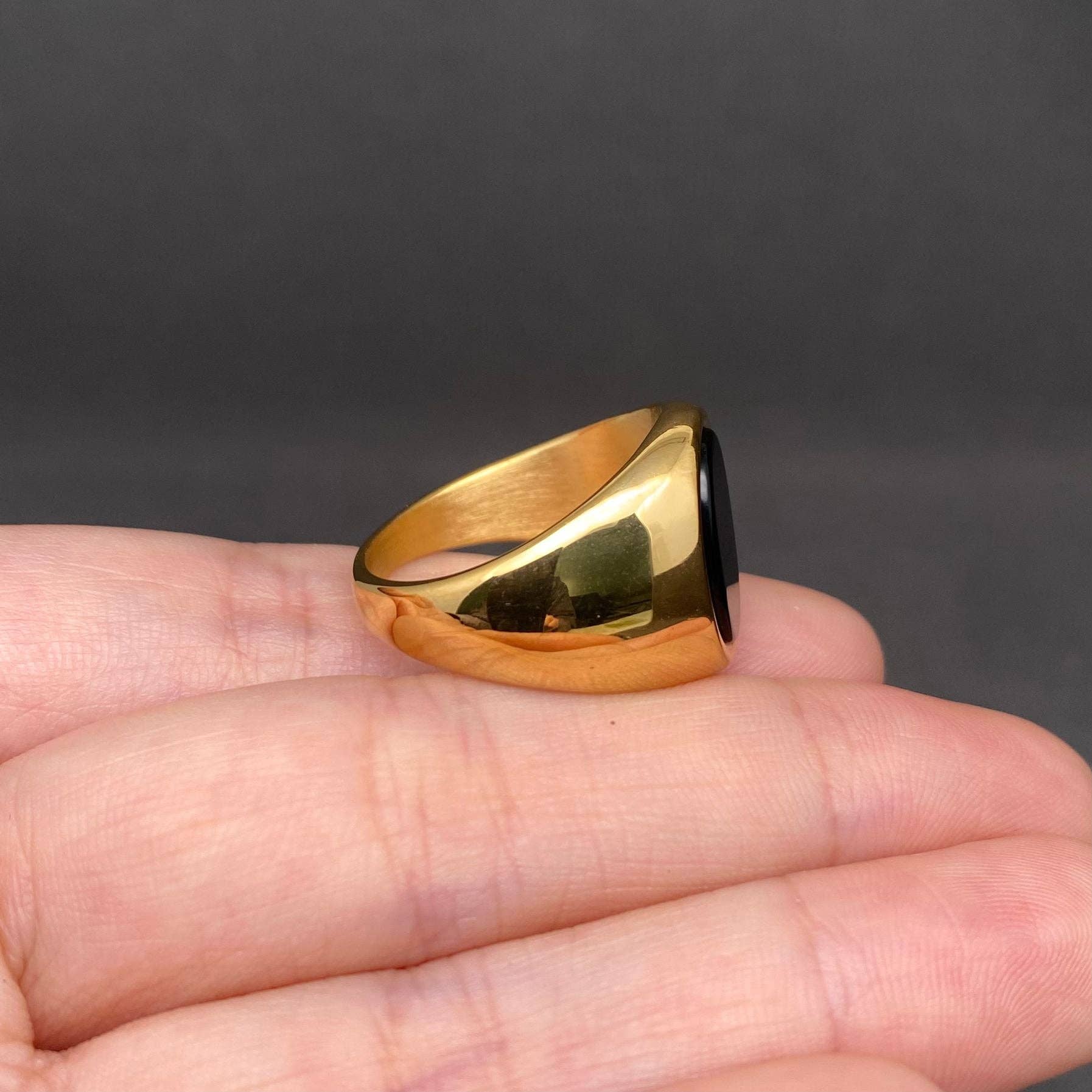Black Onyx 18K Gold Plated Stainless Steel Men's Ring -MJ/MR: Steel color / 10
