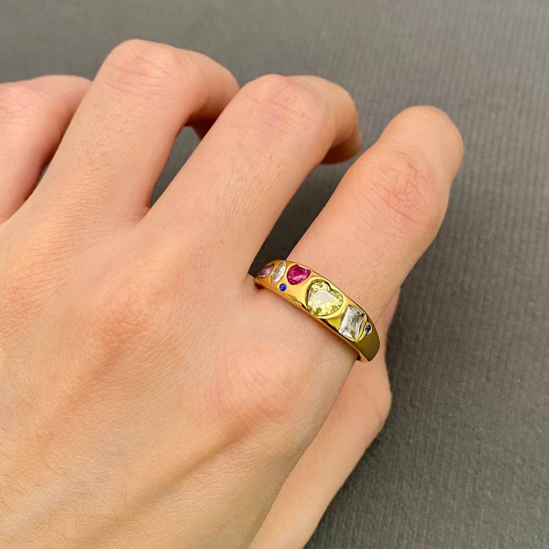 Colorful Zircon 18K Golden Stainless Steel Ring - FGS: Golden / 9