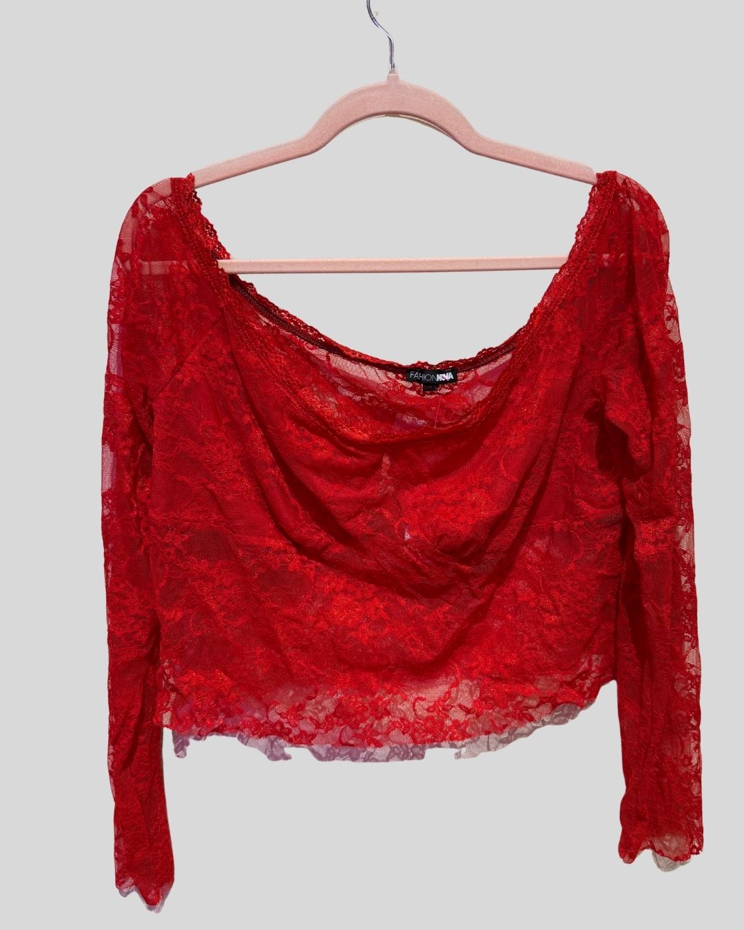 Fashion Nova Red Lace Cropped Long Sleeve Top (3X)