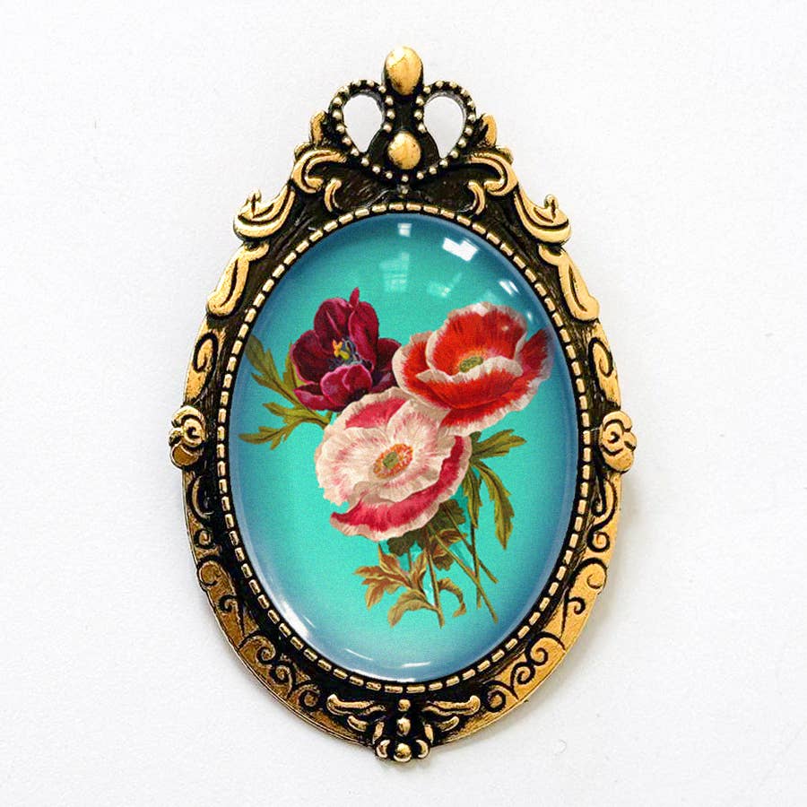 Victorian Floral Illustration Brooch Vintage Art Poppies: Antiqued Gold