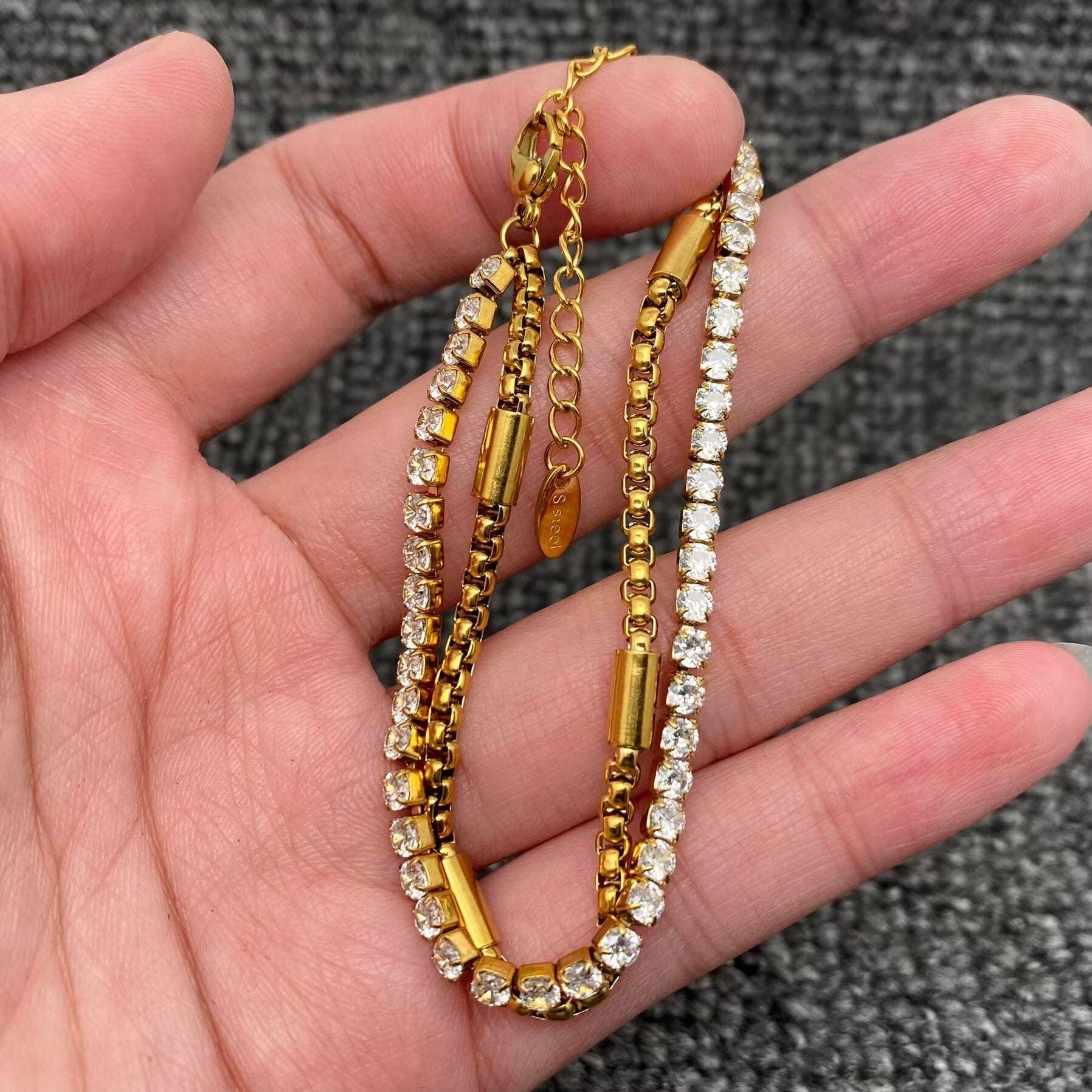 Inlaid CZ Chain 18K Gold-plated SS Double-layer Bracelet - FGS