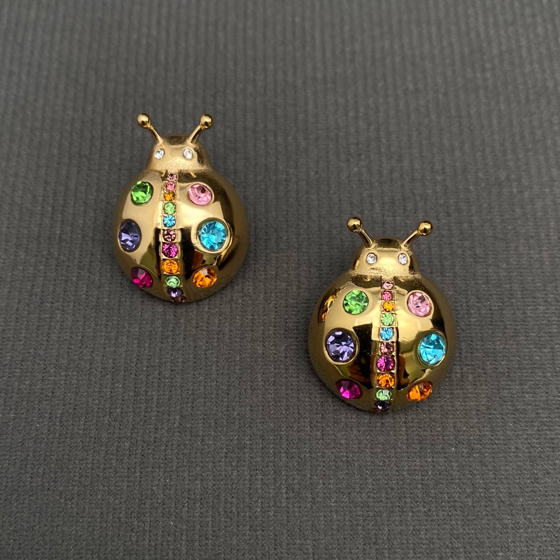 Colored Inlaid Beetle 18K Gold Plated S.Steel Earrings - FGS
