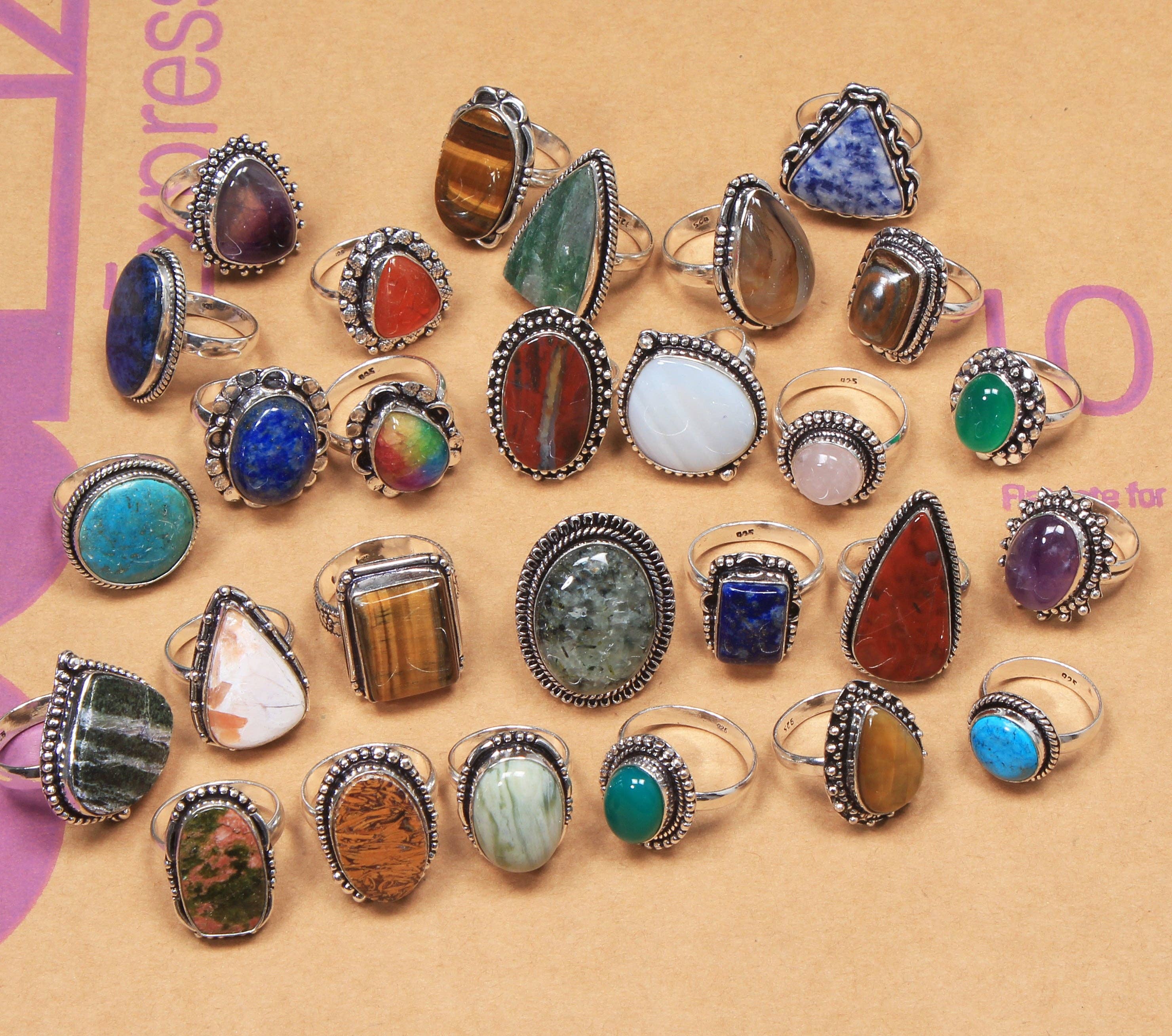 Bohemian Crystal Rings Set - Silver Plated, Mixed Sizes, Assorted Designs: Gold / 10 Rings