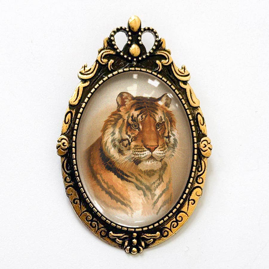 Victorian Tiger Illustration Brooch Vintage Art: Antiqued Silver
