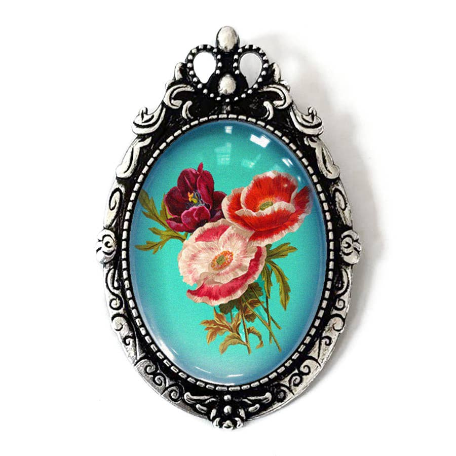 Victorian Floral Illustration Brooch Vintage Art Poppies: Antiqued Gold
