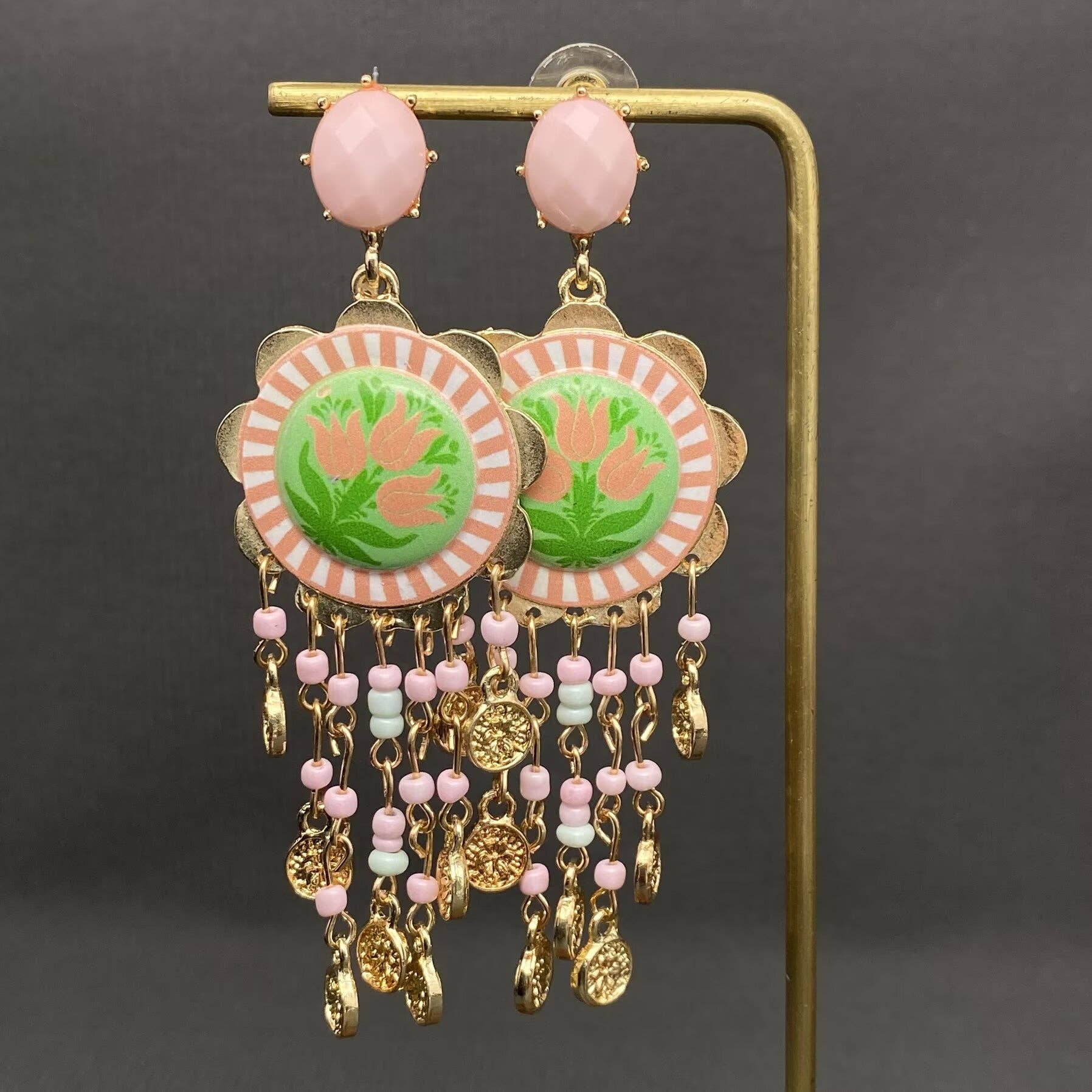 Enamel Tulip Flower Coin Tassel Dangle Earrings: Red