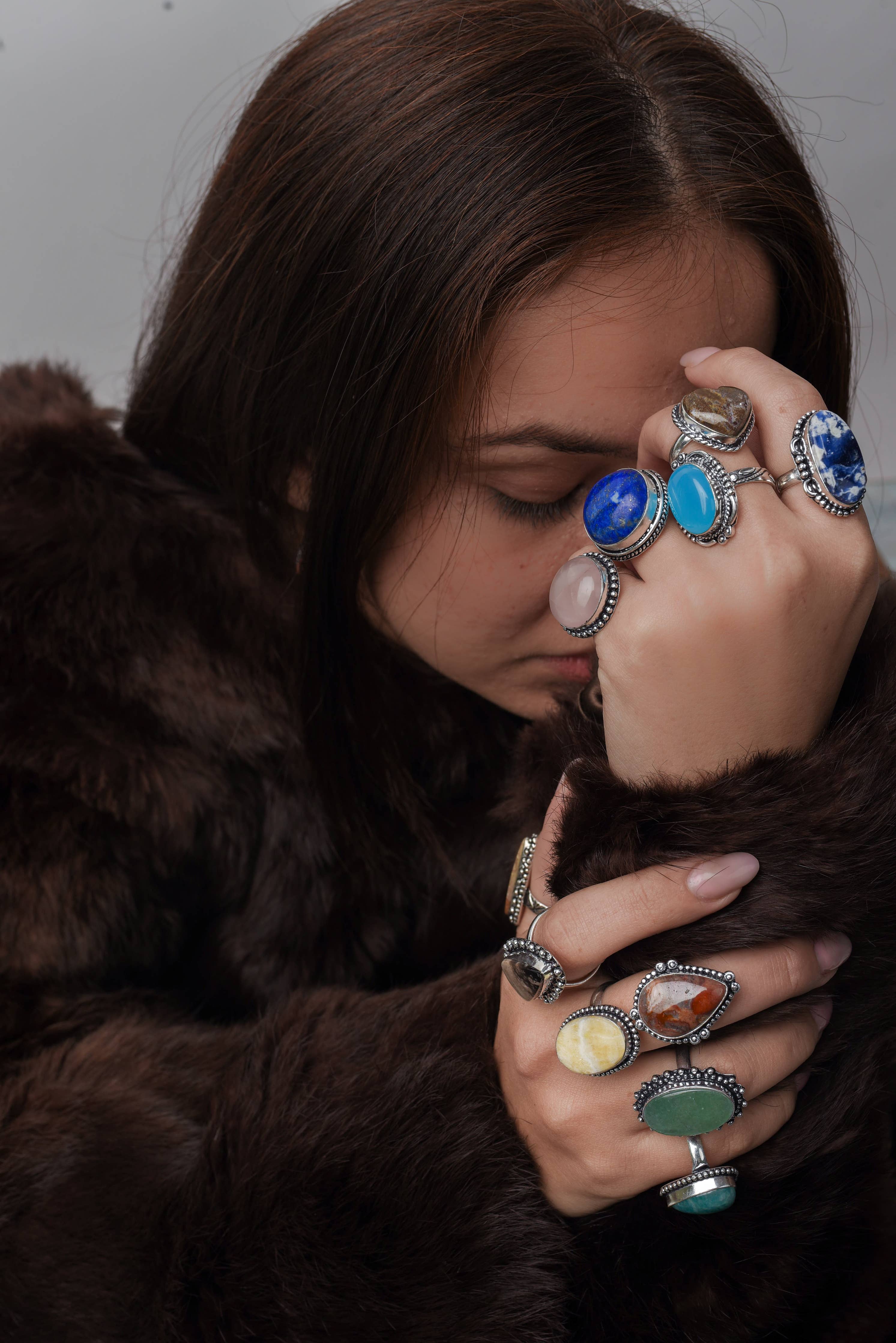 Bohemian Crystal Rings Set - Silver Plated, Mixed Sizes, Assorted Designs: Gold / 10 Rings