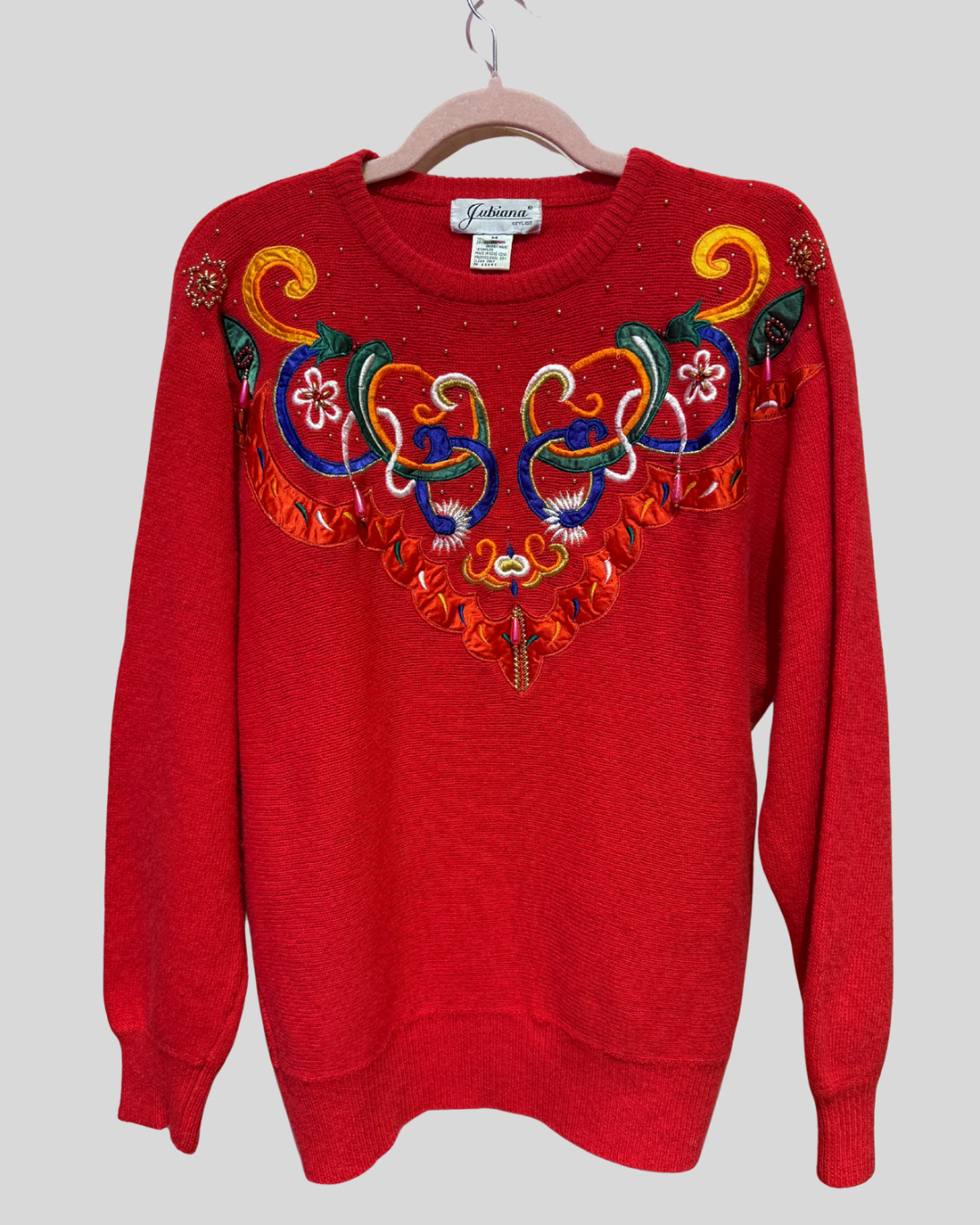 VINTAGE jubiana stylist lambswool & agora blend red beaded sweater (M up to 1X)