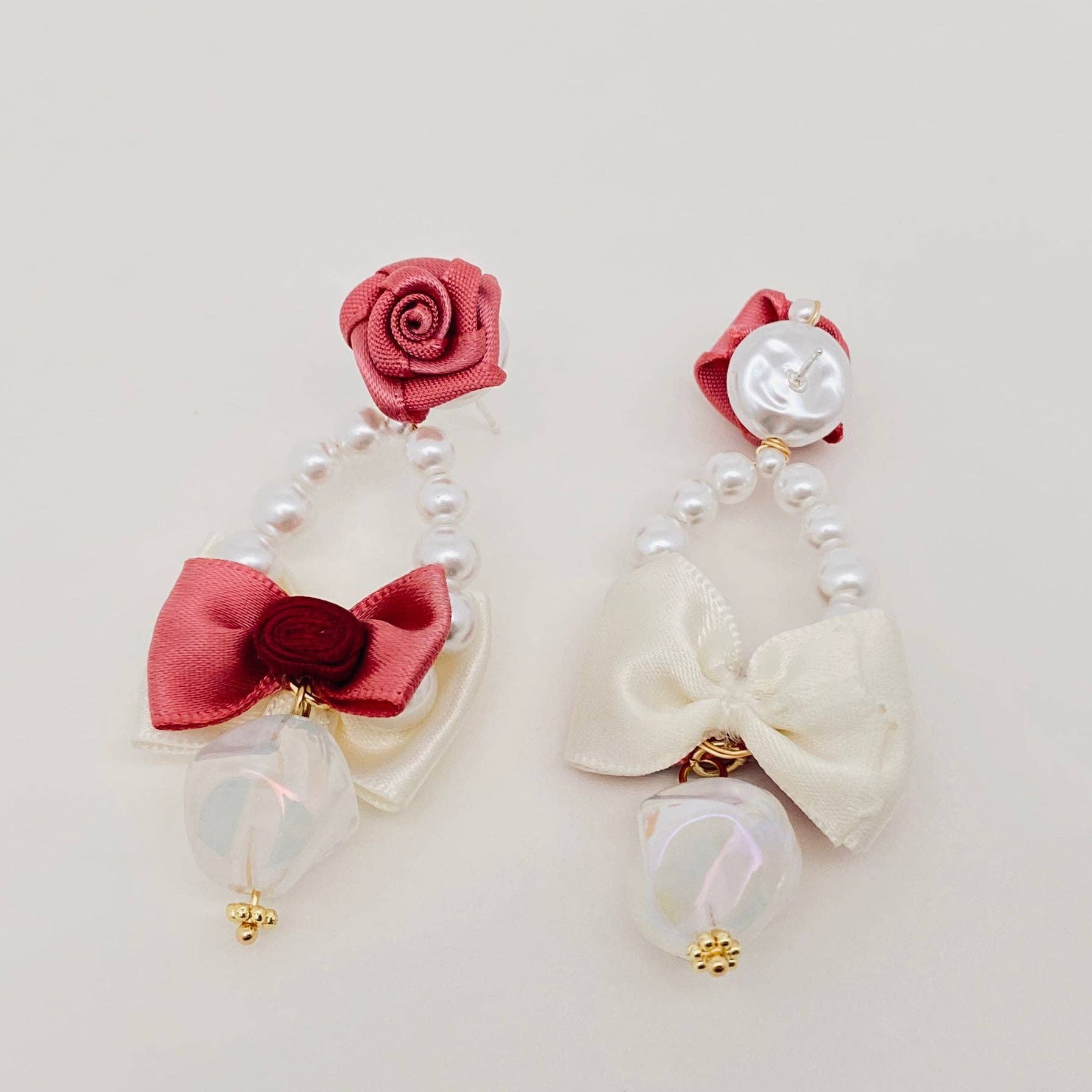 Ribbon Bow & Rose Pearl Pendant  Post Earrings - YK