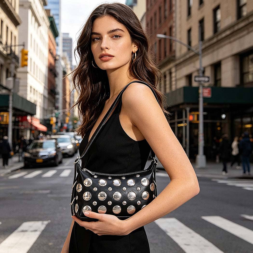 Vegan Leather Metal Studded Shoulder Bag: CM