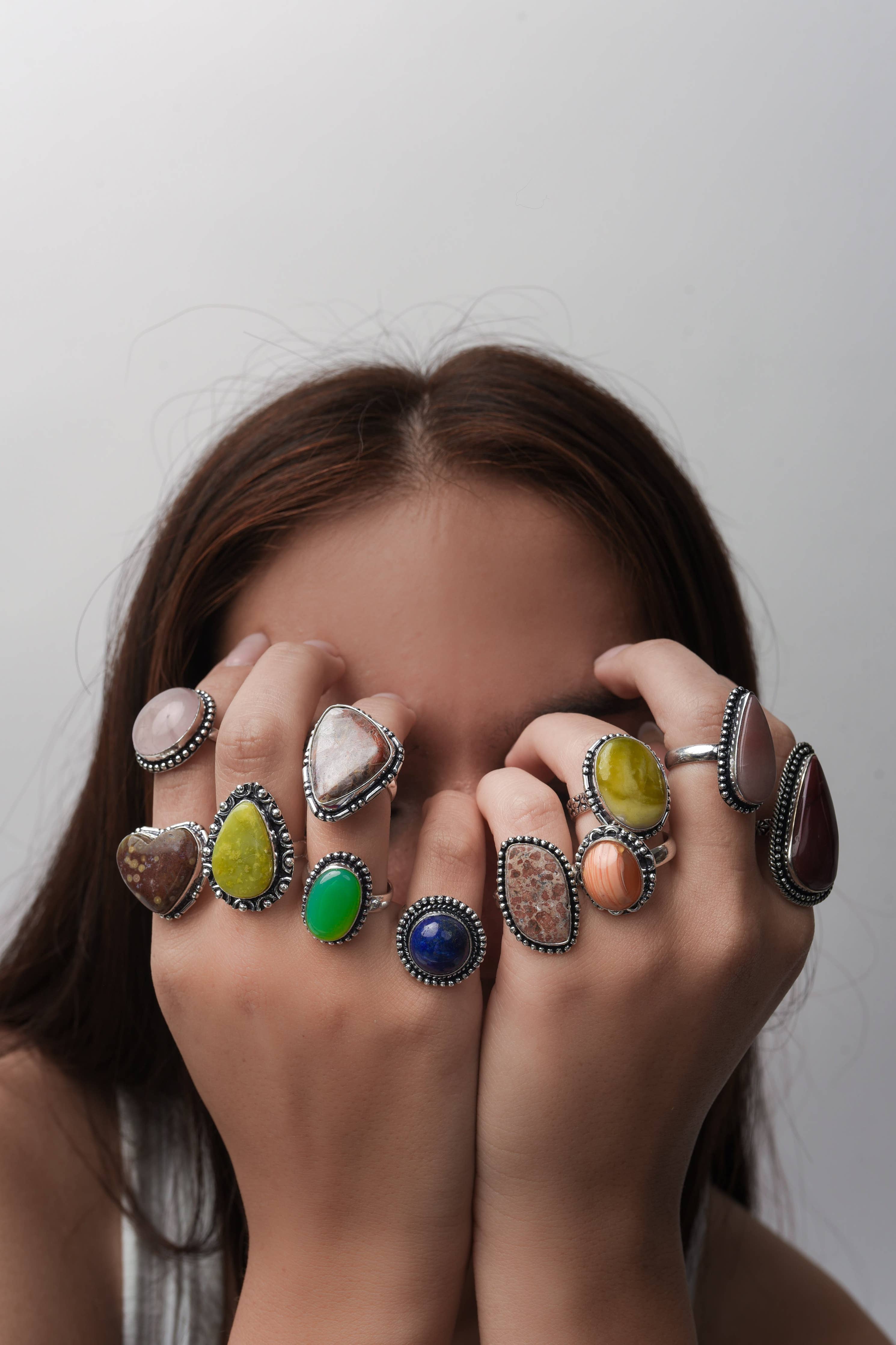 Bohemian Crystal Rings Set - Silver Plated, Mixed Sizes, Assorted Designs: Gold / 10 Rings