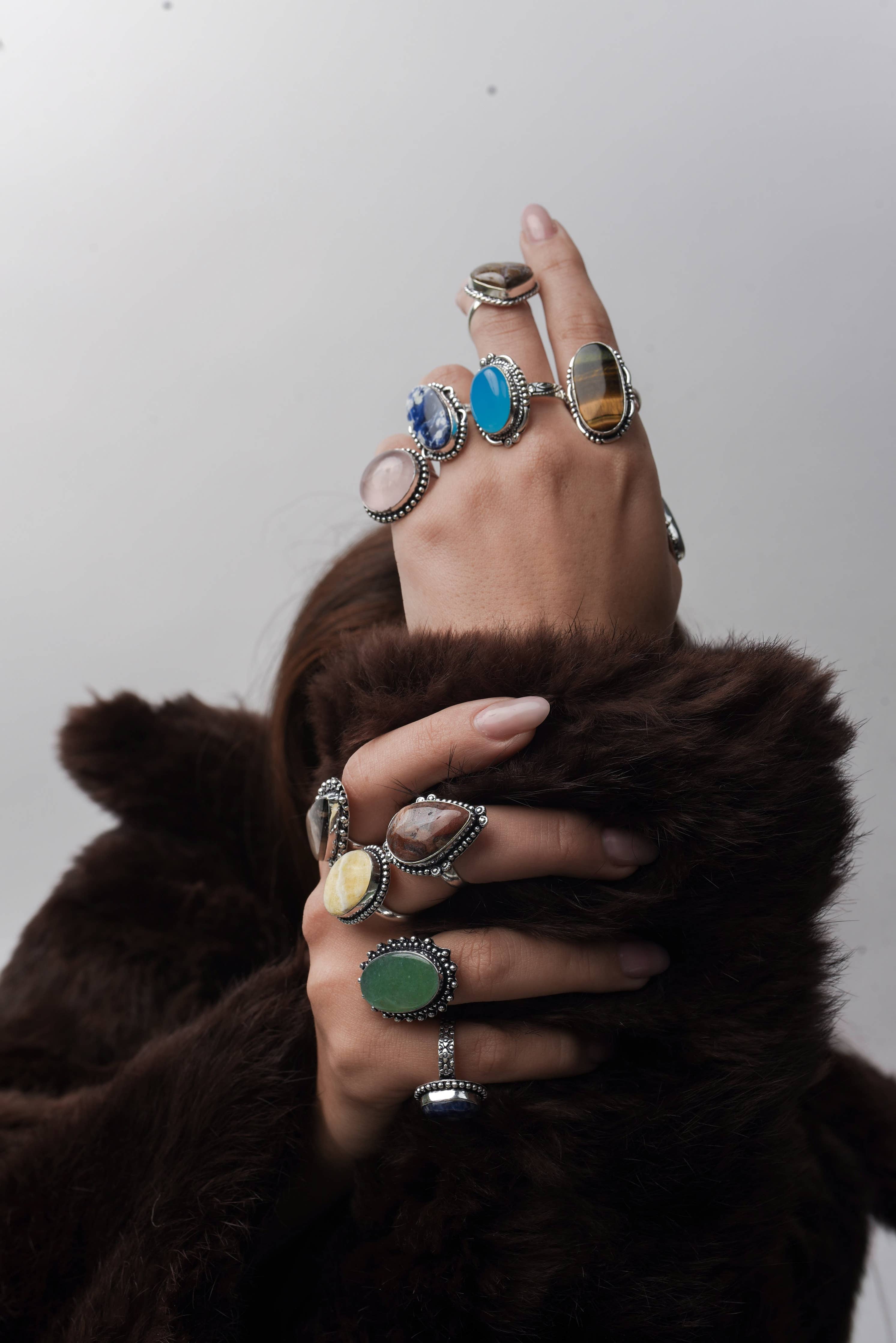 Bohemian Crystal Rings Set - Silver Plated, Mixed Sizes, Assorted Designs: Gold / 10 Rings