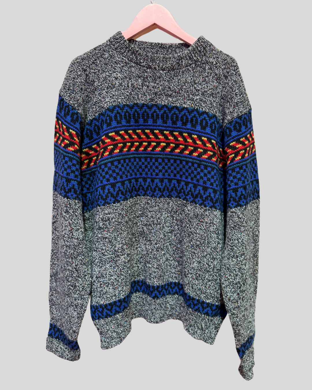 Vintage Oakbrook Wool Grey and Multicolor Sweater (XL)