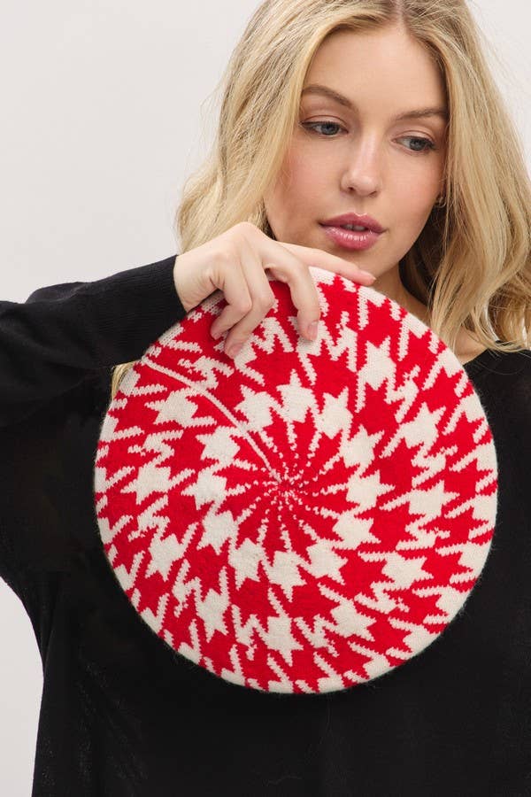Houndstooth Knit Beret: Red