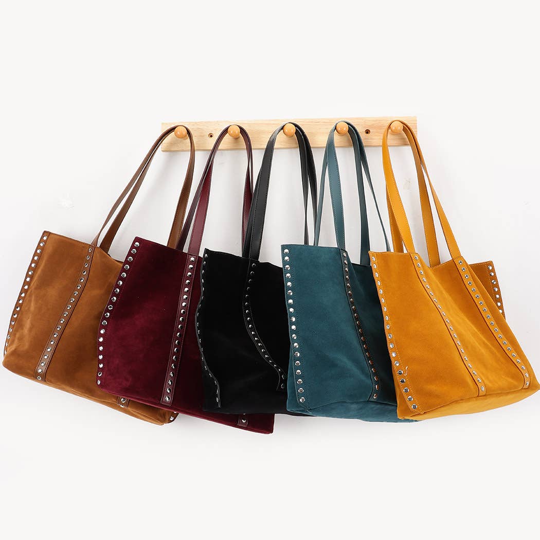 Faux Suede Burg Studded Tote Bag: BUR