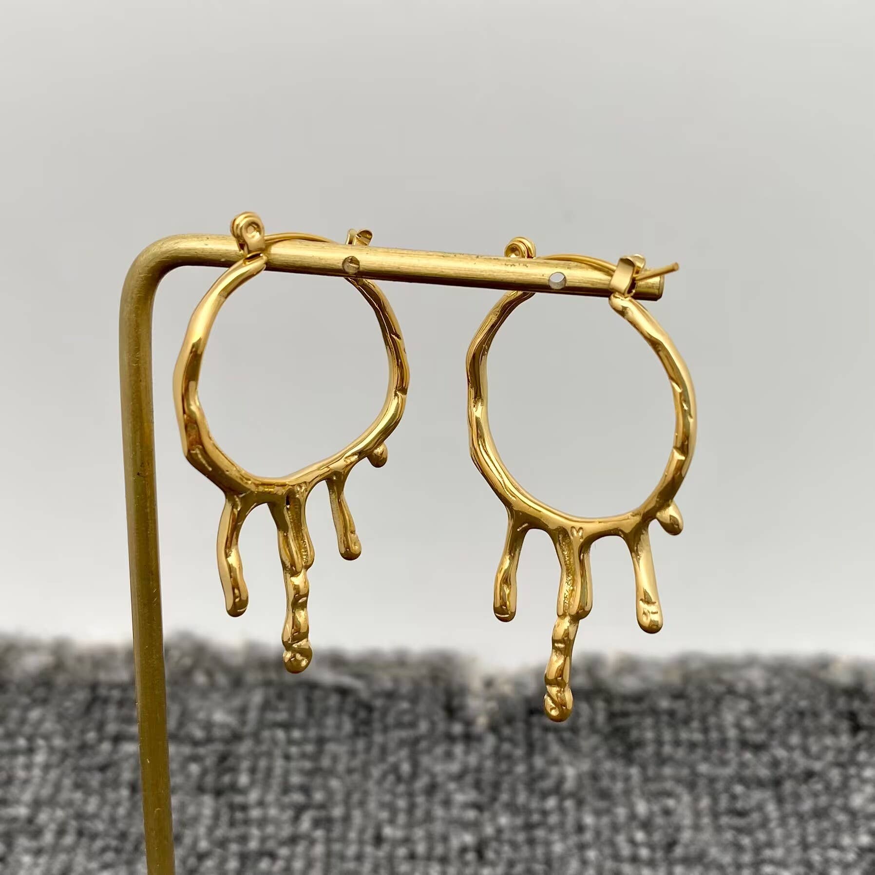 18K Gold Plated Stainless Steel Lava Drop Hoop Earrings -FGS: Golden