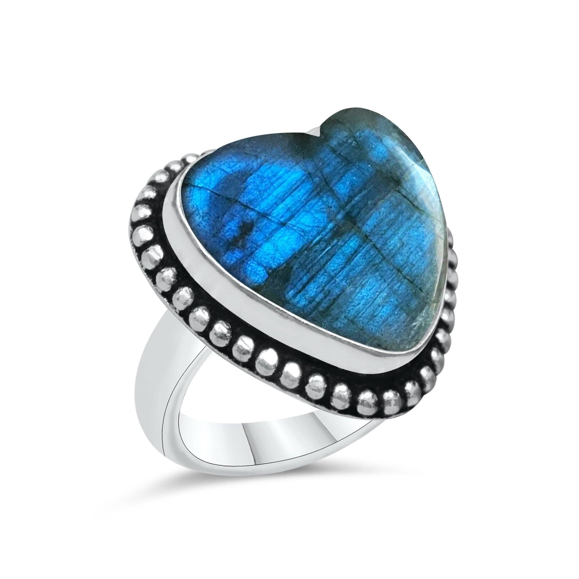 Labradorite Heart Rings – Silver-Plated, Handmade, Blue Flash (US Sizes 6–10, Non-Adjustable) | Wholesale: 10 Rings
