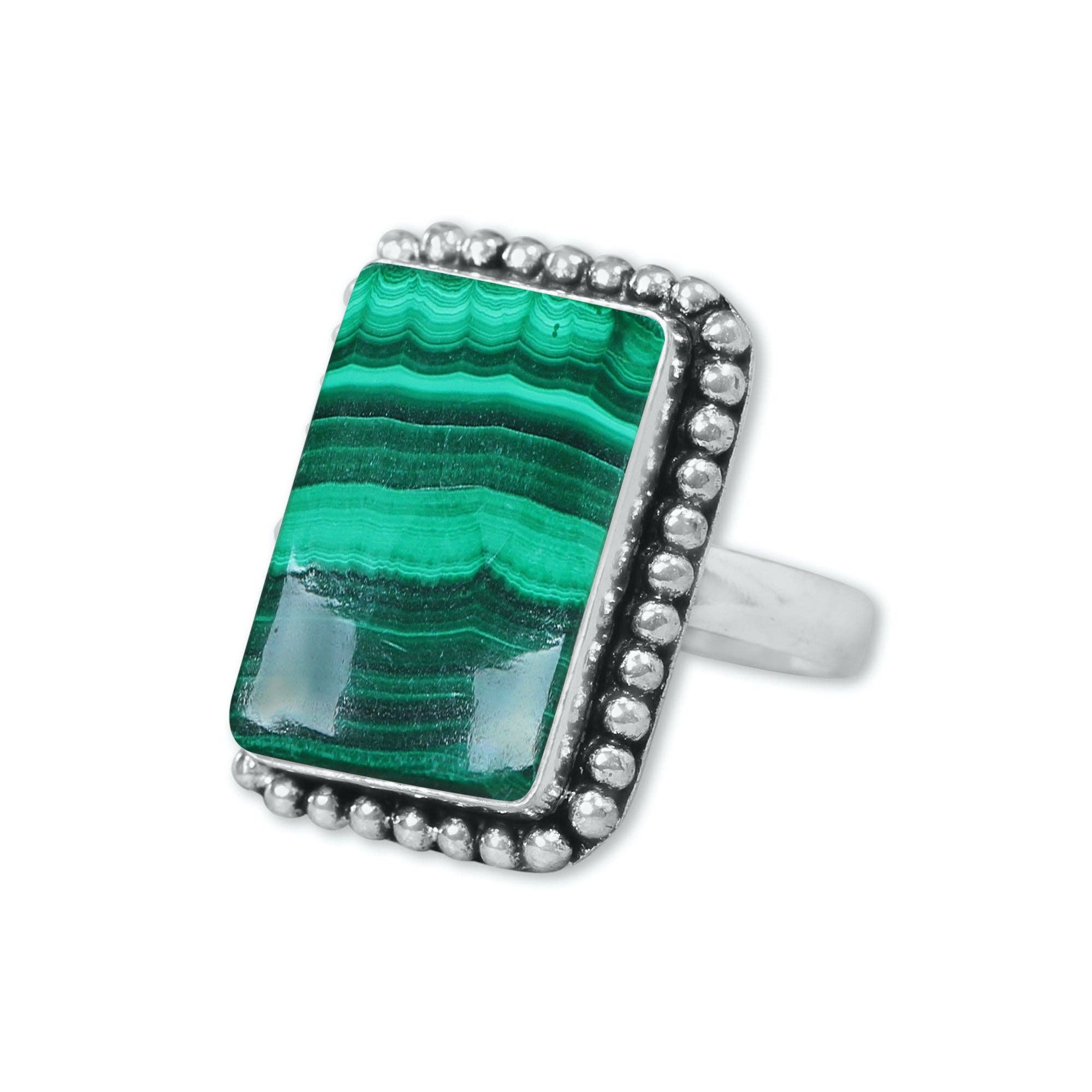 Malachite Rings – Silver-Plated, Handmade, Bold Green (US Sizes 6–10, Non-Adjustable) | Wholesale: 5 Rings