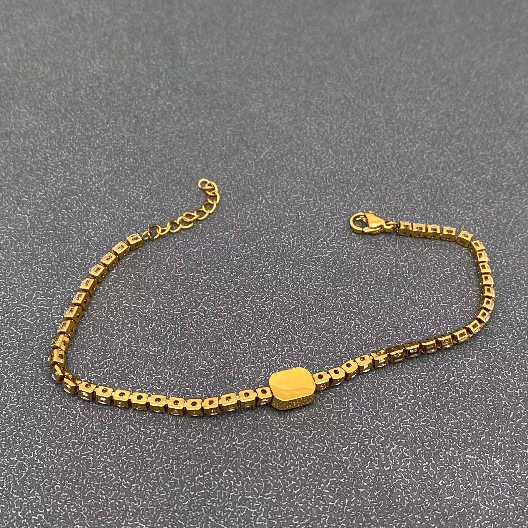 Full Zircon 3mm 18K Gold Plated Stainless Steel Bracelet-FGS: Pink