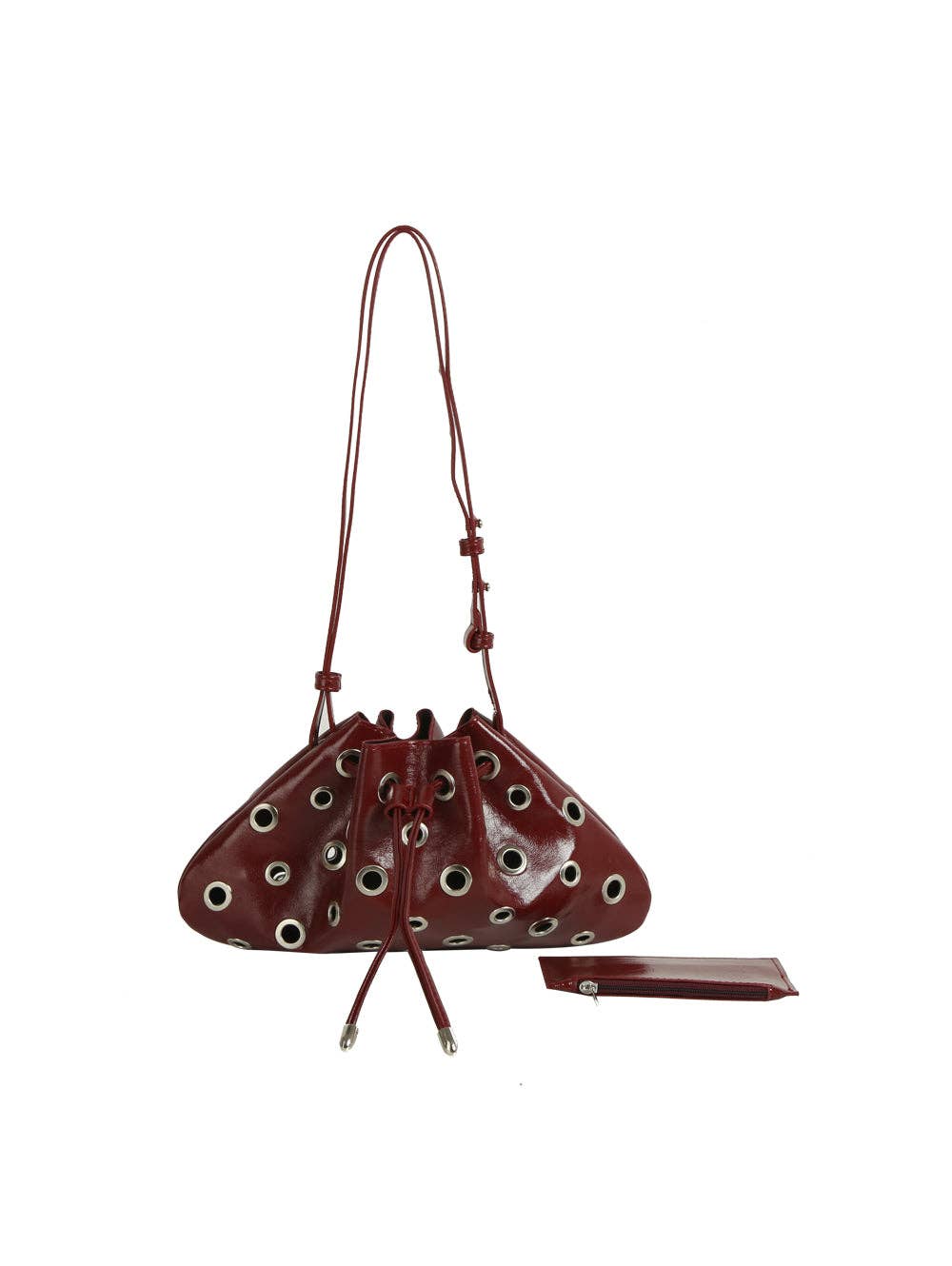 Rivet Grommet Drawstring Shoulder Bag: Red