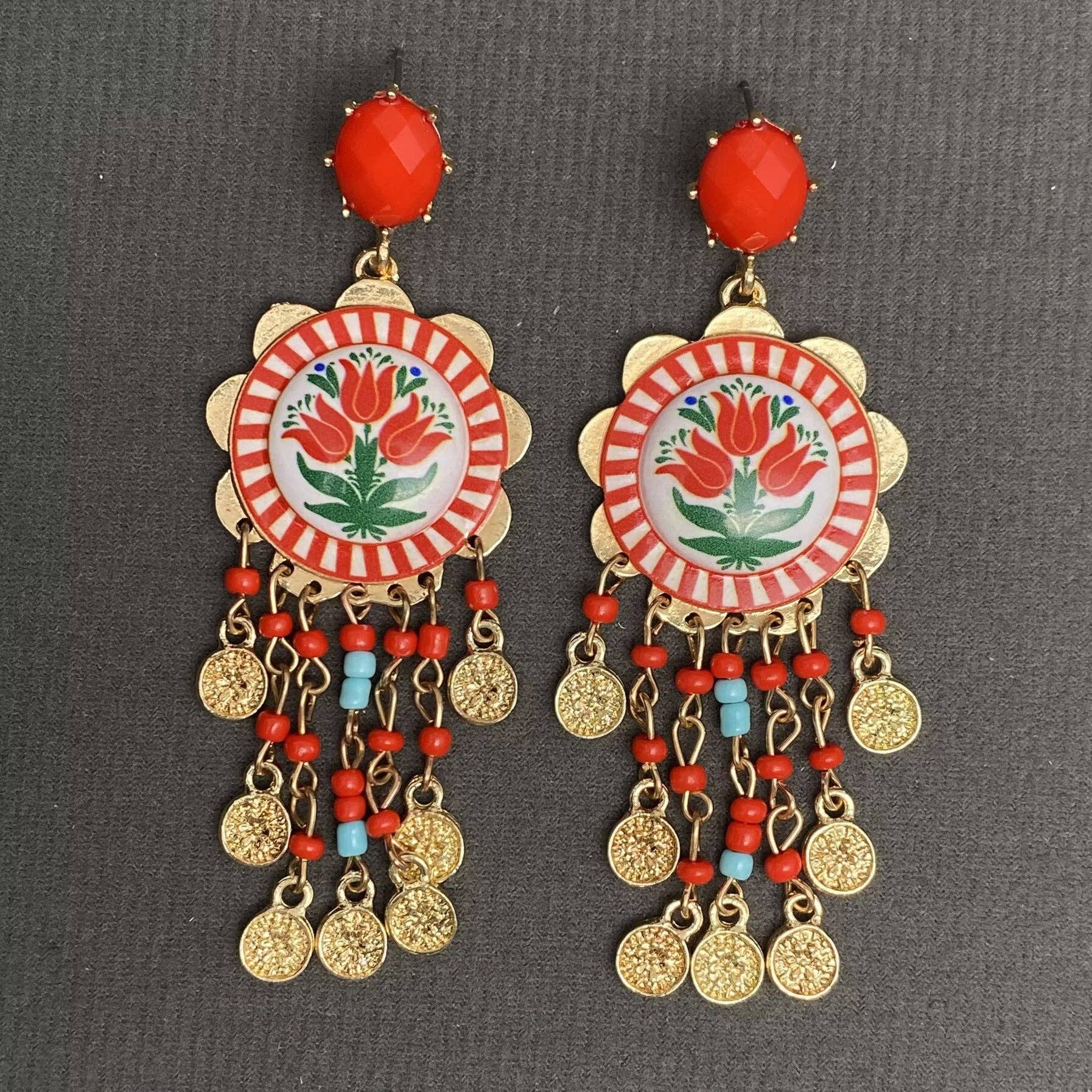 Enamel Tulip Flower Coin Tassel Dangle Earrings: Red